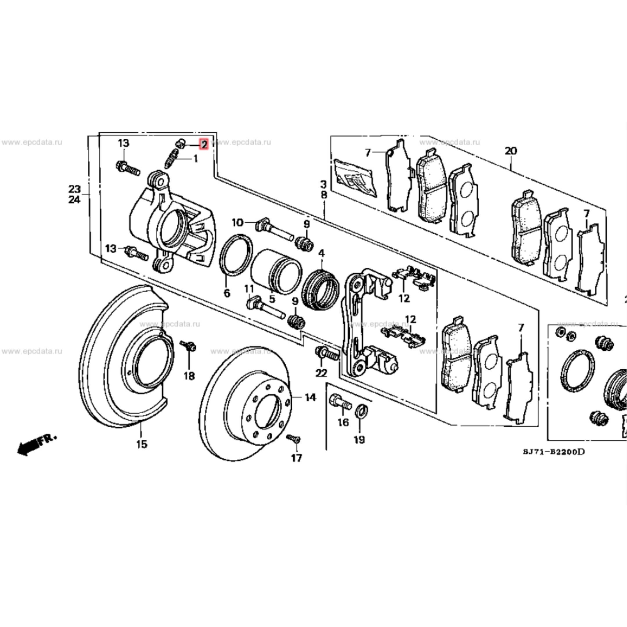 Honda Acty Truck HA3, HA4 brake caliper bleeder screw cap location in a detailed diagram.