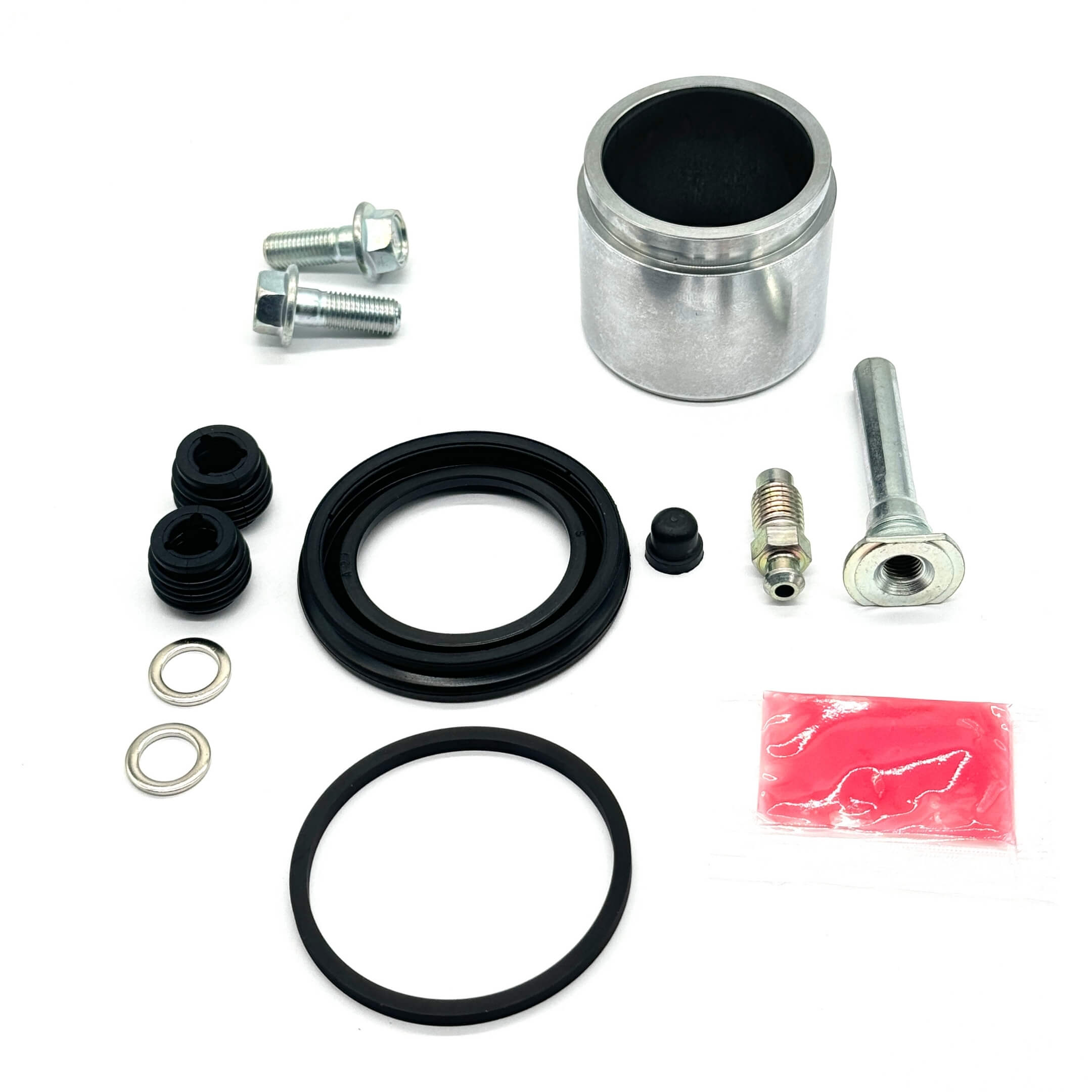 Complete Brake Caliper Full Rebuild Kit for Honda Acty HA3 HA4 models, featuring piston, seals, boots, washers, bolts, grease, and bleeder screw.