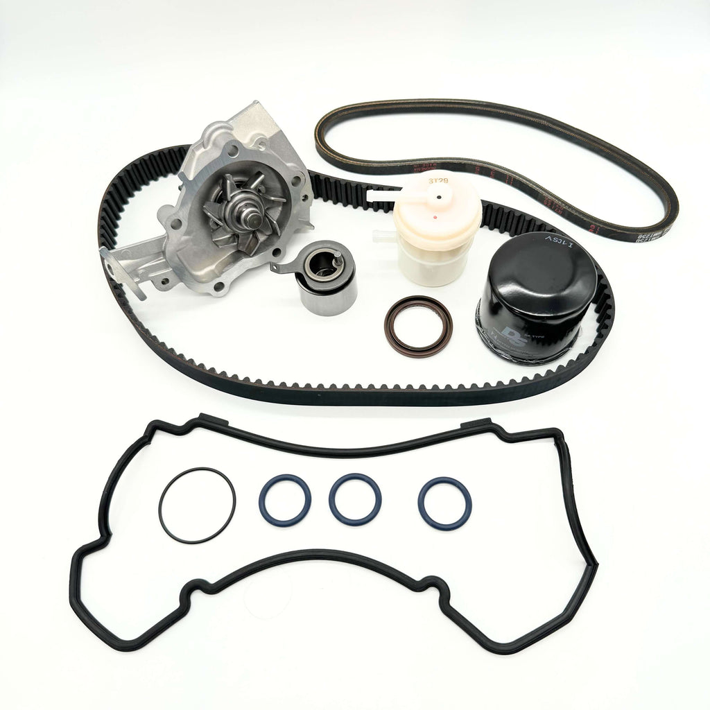 Complete timing belt replacement kit for 1991-1998 Suzuki Carry DC51T/DD51T with water pump, timing belt, alternator belt, tensioner pulley, idler pulley, cam seal, crank seal, valve cover gasket, fuel filter and oil filter.