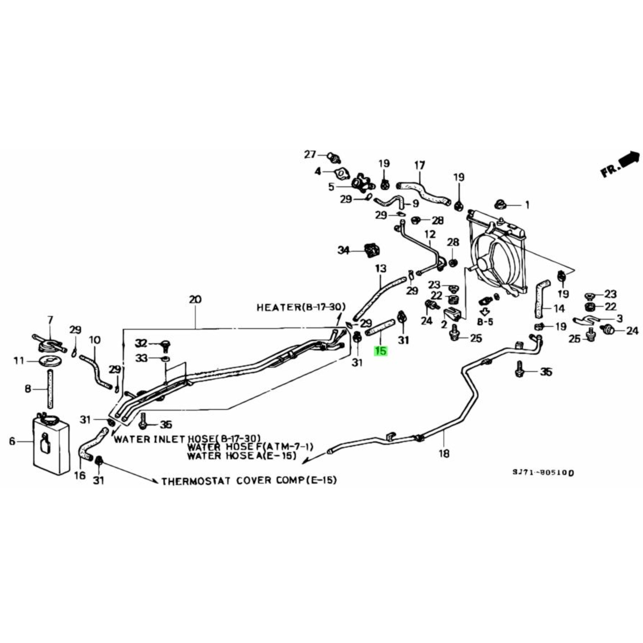 Overhead view of Radiator Cooling Hose C for Honda Acty Truck HA3, HA4 models, ensuring perfect engine cooling performance, as seen in the parts diagram at position 15 for accurate installation.