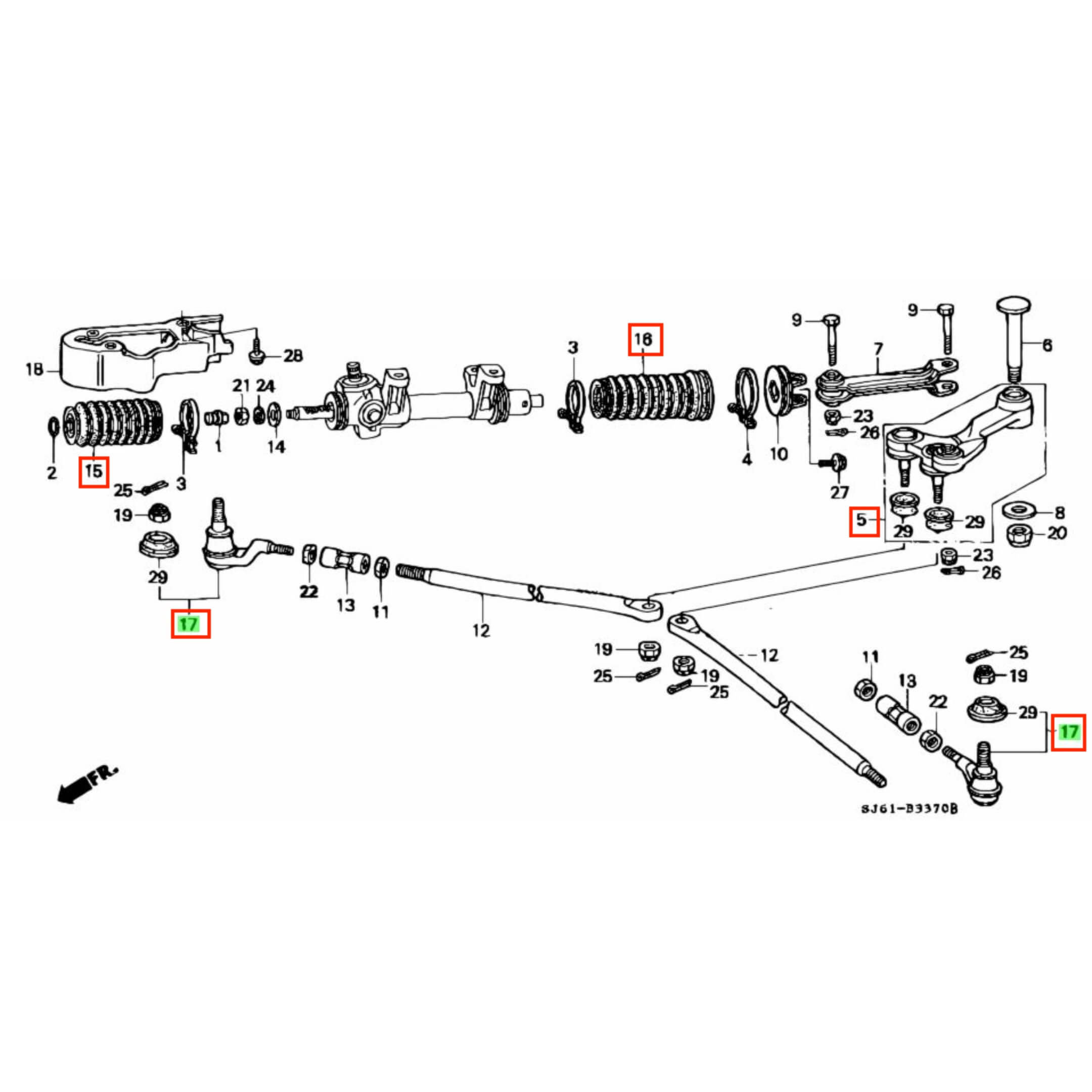 Exploded view of Honda Acty suspension parts showing detailed assembly from springs to steering boots.