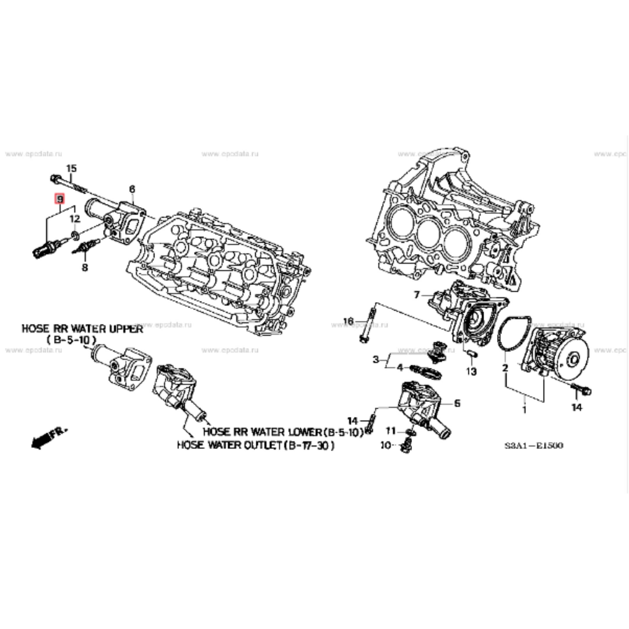 Technical diagram of a water temperature sensor for Honda Acty Van HH5, HH6 models (1999-2009), showcasing engine components and sensor placement.