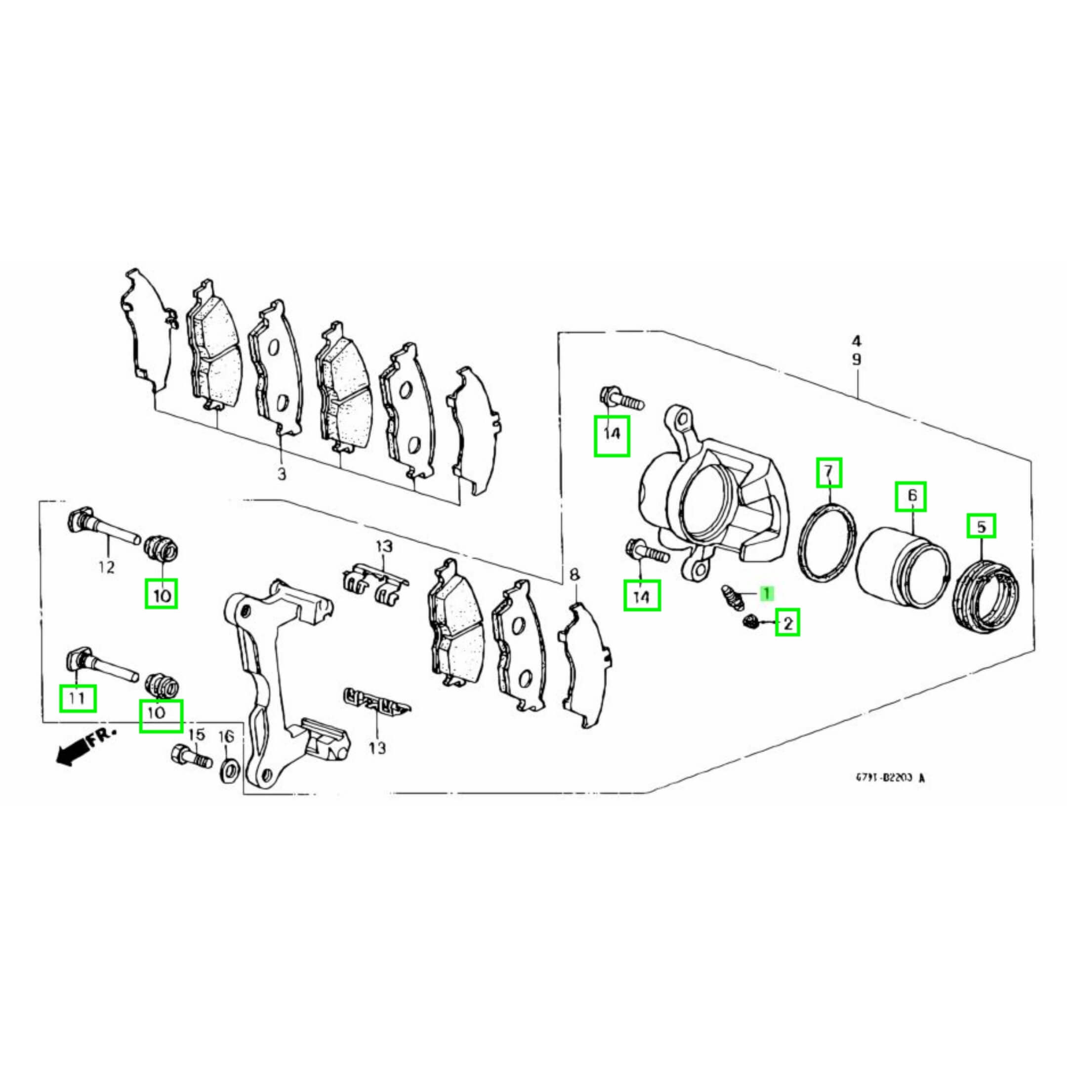 Honda Acty Truck HA3, HA4 brake caliper rebuild kit part location in a detailed diagram.