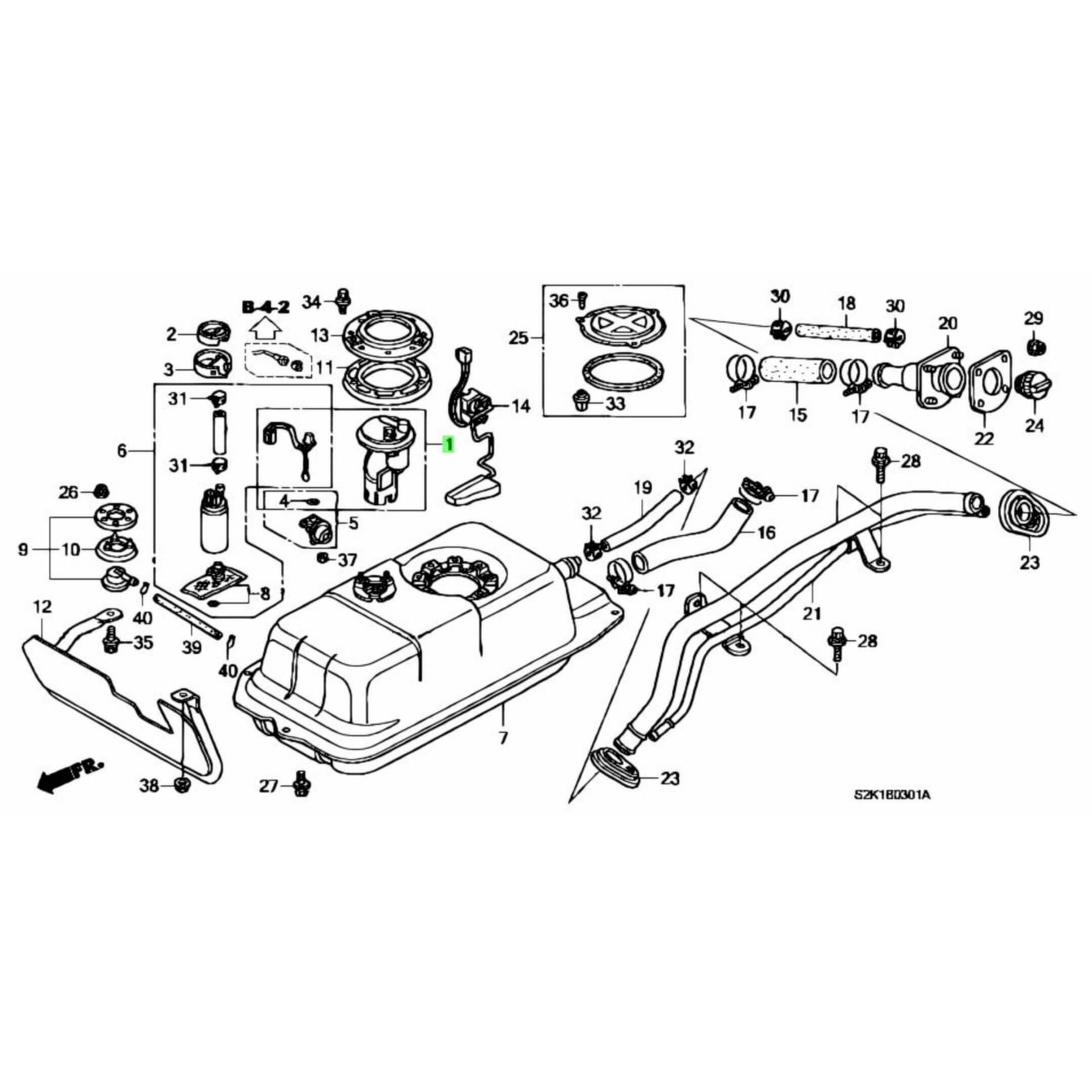 Technical diagram of a fuel pump filter for Honda Vamos Van HM1, HM2 models (1999-2018), showcasing detailed parts and assembly layout.