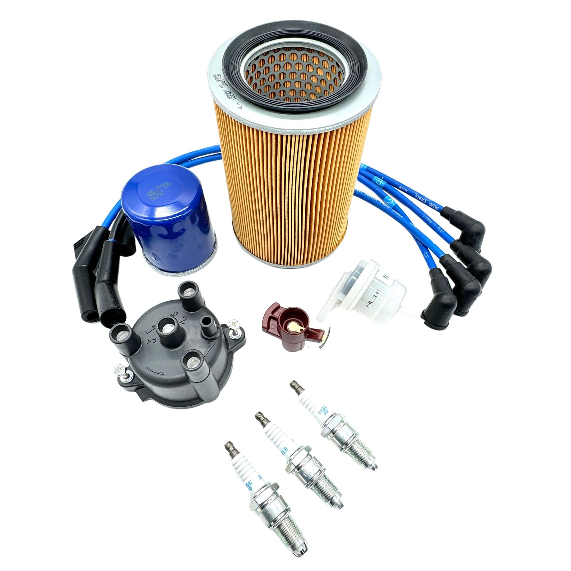 Detailed ignition and filtration kit for Daihatsu Hijet EFNS engines, including OEM-quality distributor cap, rotor, NGK spark plug wires, and filters for S100P/S110P models.