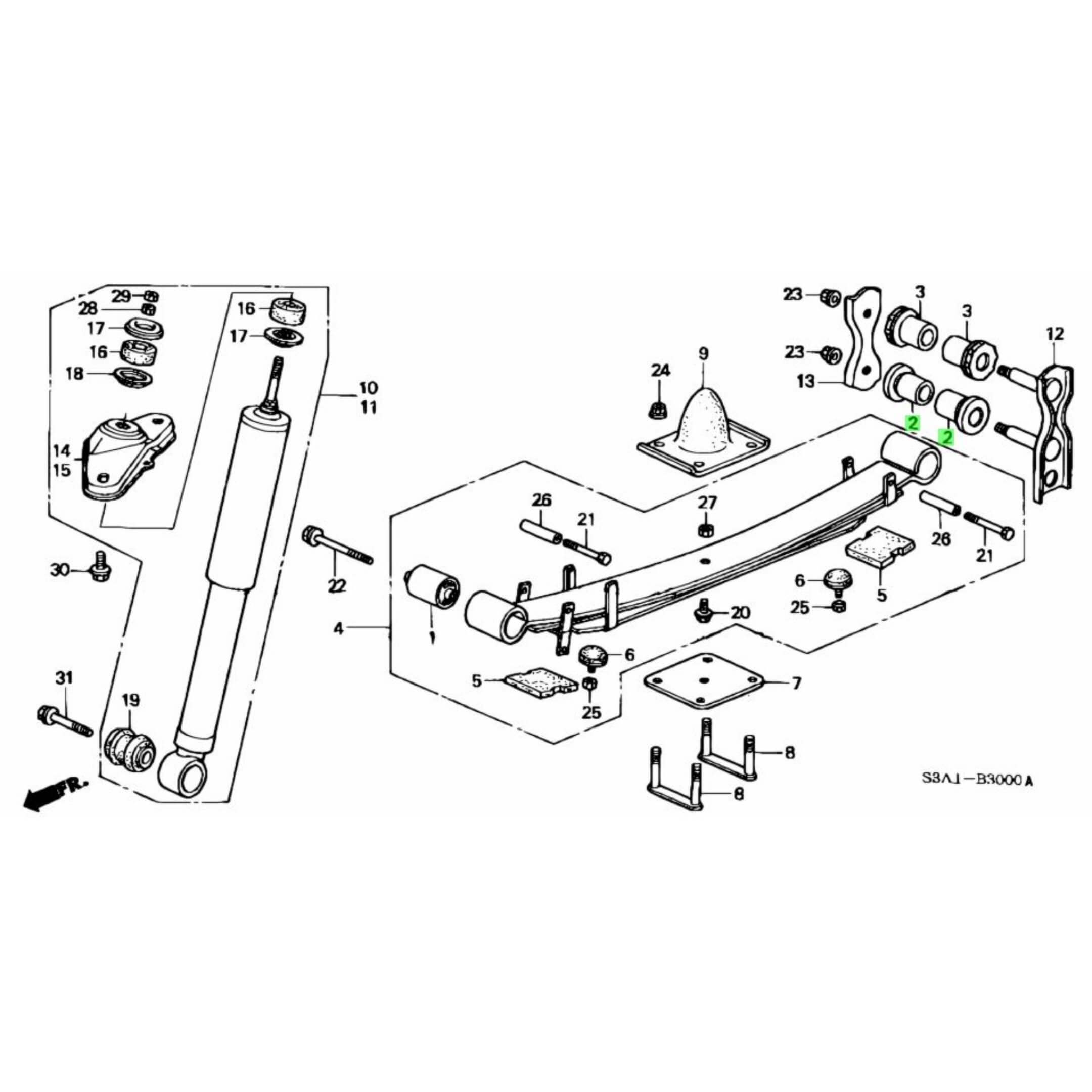 Technical diagram of Rear Bush Set for Rear Leaf Spring, compatible with Honda Acty Van HH5, HH6 models from 1999-2009.