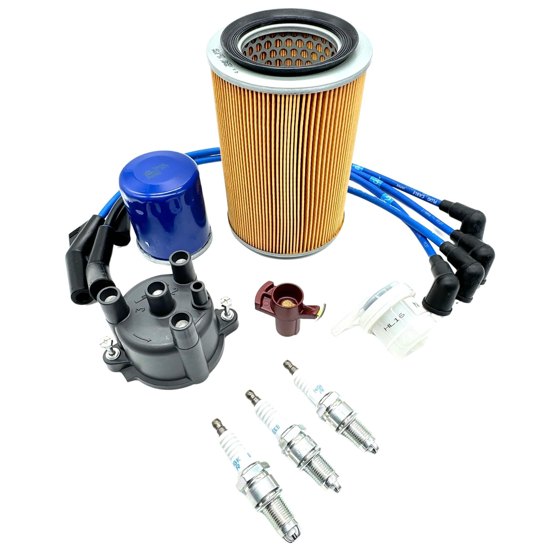 Complete ignition kit with distributor cap, rotor, spark plugs, spark plug wires, oil filter, air filter, and fuel filter for Daihatsu Hijet S100P/S110P EFNS engines (1991-1994).