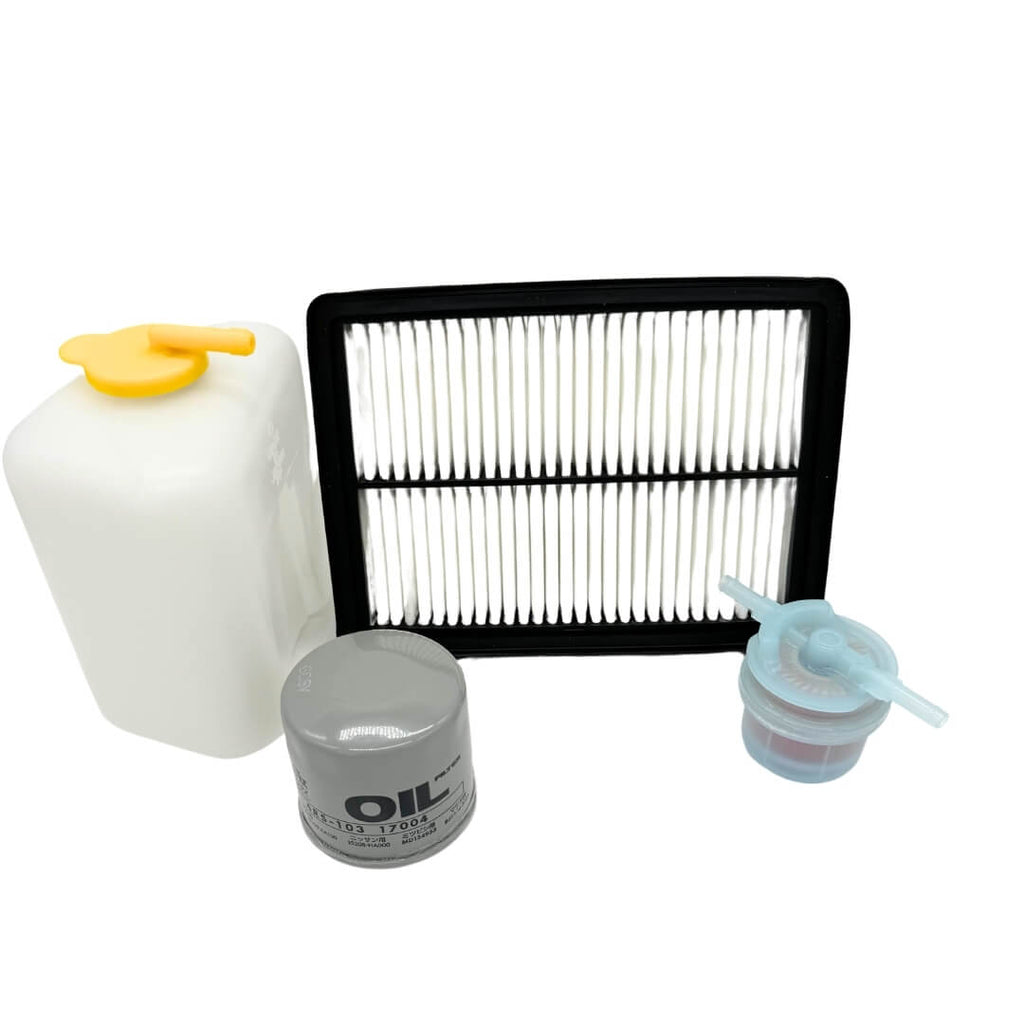 Complete 4 Piece Filter Kit with Coolant Reserve Tank for Subaru Sambar KS3, KS4 1990-1998, featuring air filter, fuel filter, oil filter for engine protection, available at Oiwa Garage.
