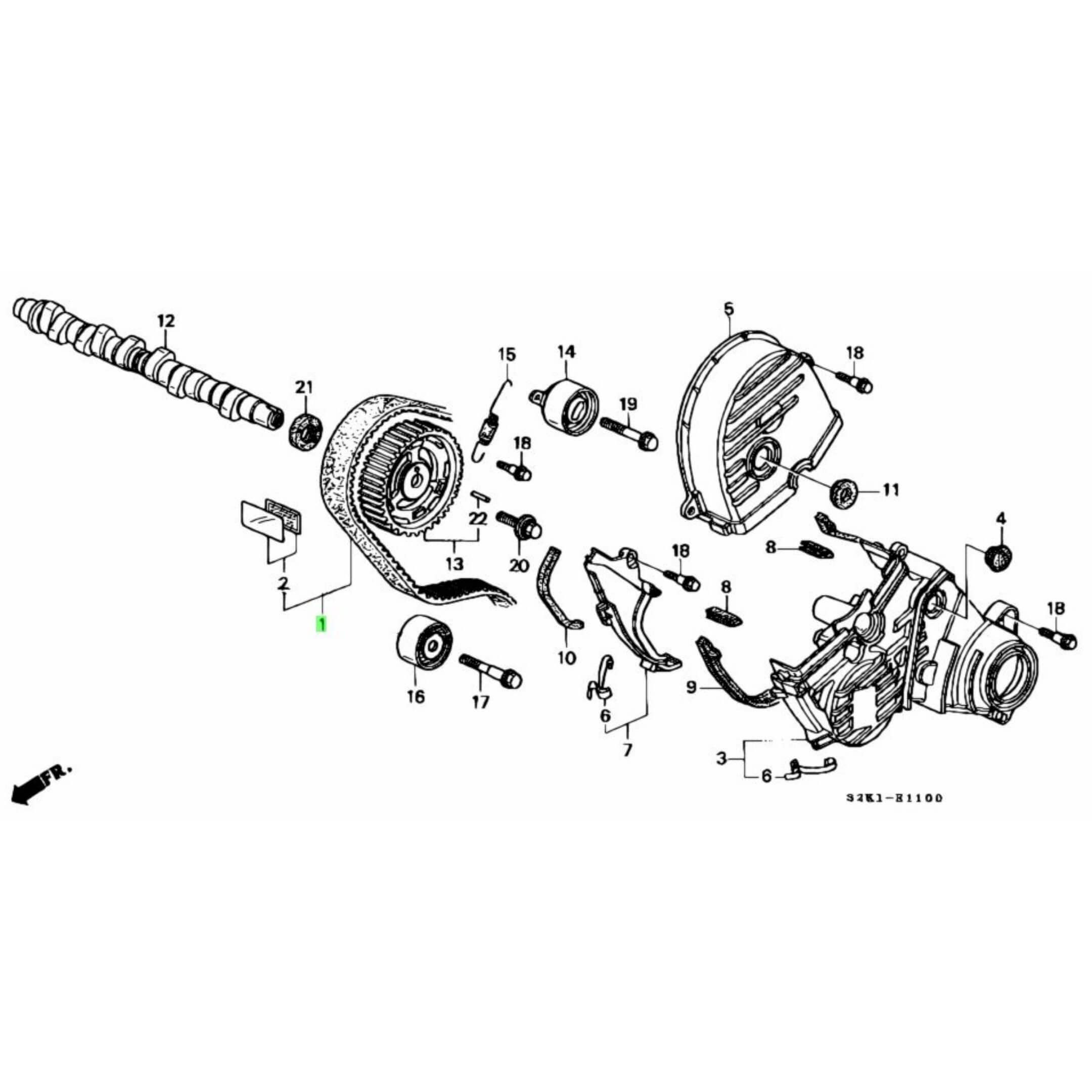 Timing belt diagram for Honda Acty HA6, HA7 models, showing assembly with components like camshaft and pulleys for accurate engine timing.