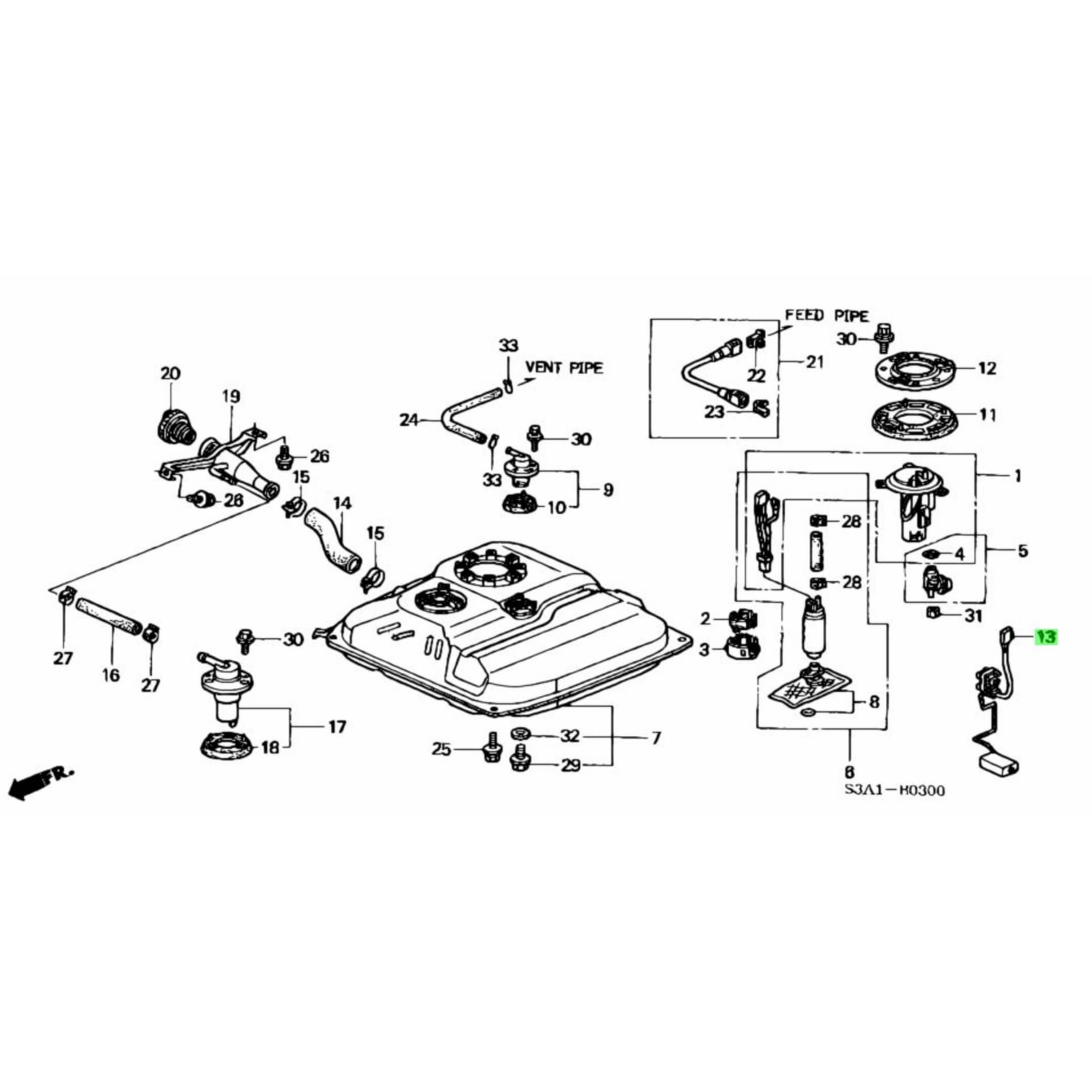 Technical diagram of Fuel Sender Unit for Honda Vamos Van HM1, HM2 Models (1999-2018), showcasing detailed components and connections.