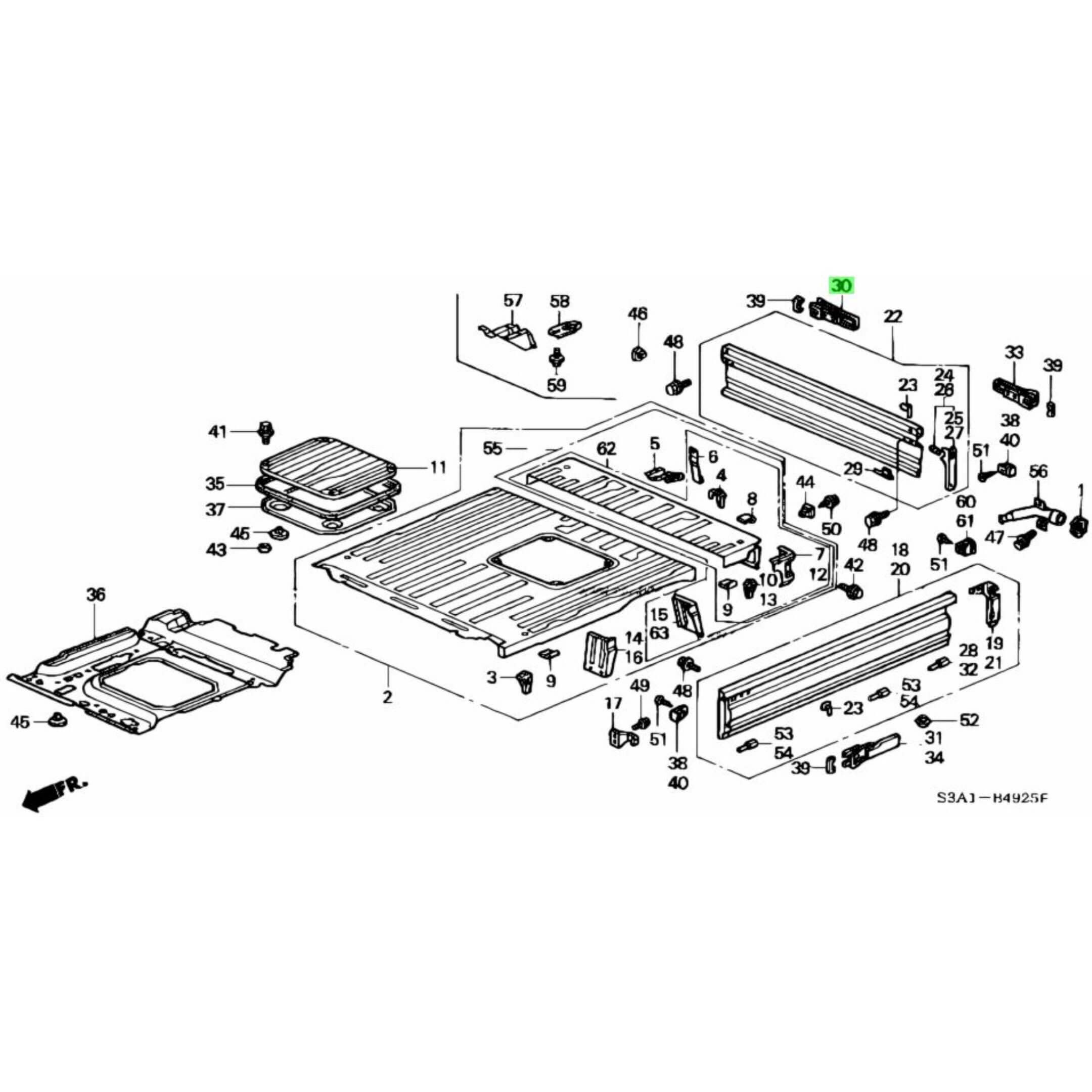 Diagram showing right side rear gate latch placement for Honda Acty Truck HA3, HA4 (1990-1999)