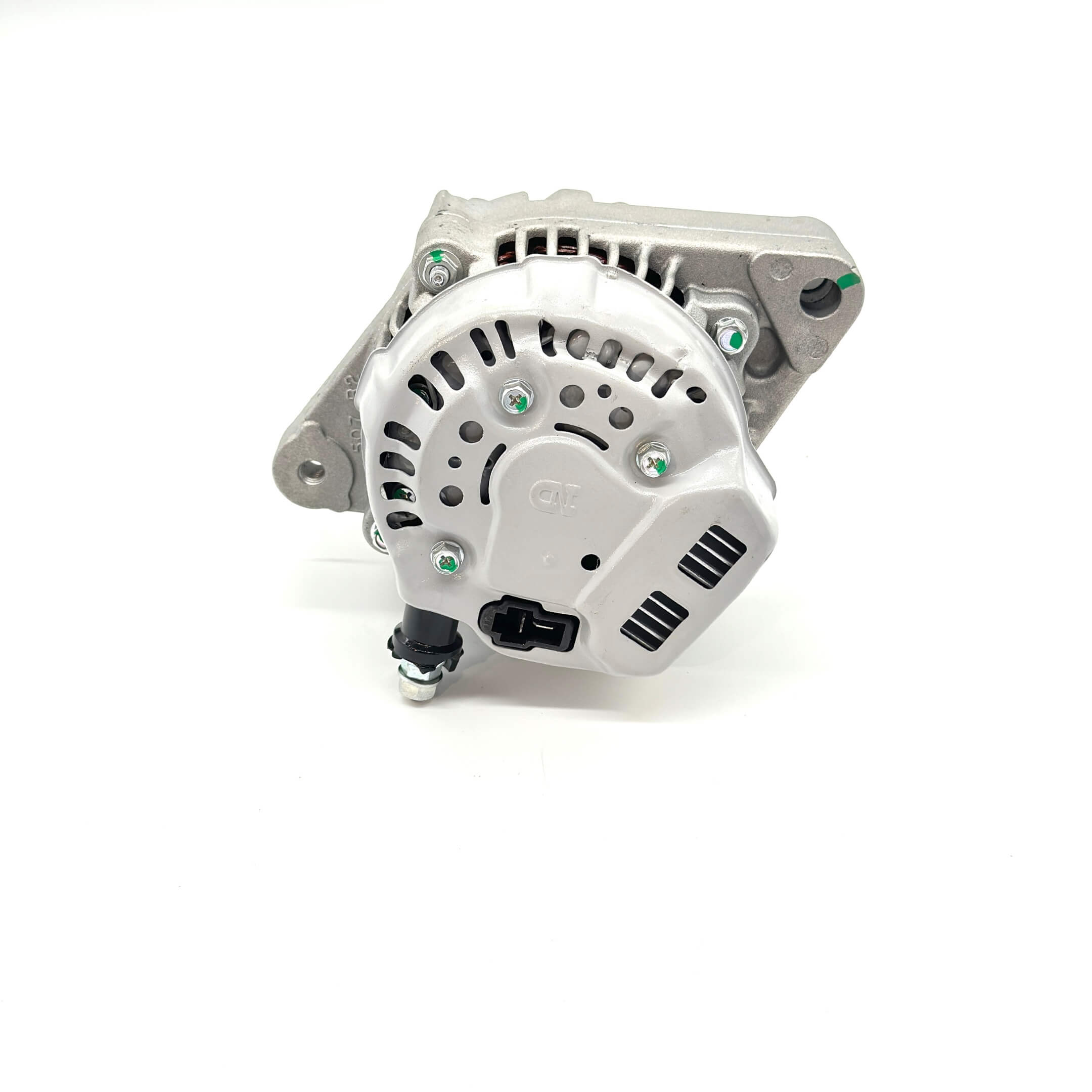 Side view of alternator for Honda Acty Truck HA3, HA4 models 1990-1999 highlighting compact design and cooling fins