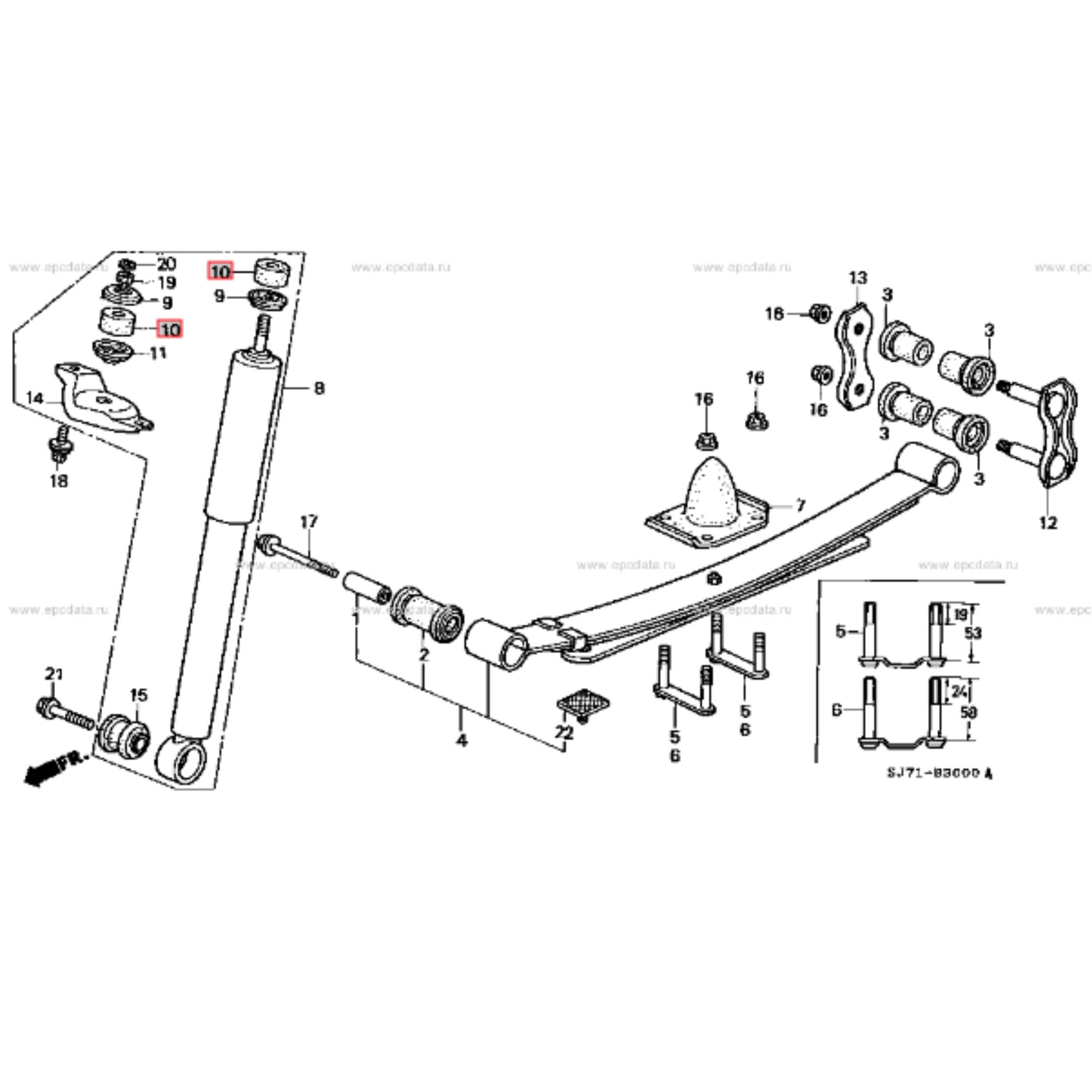 Diagram highlighting the location of Rear Shock Absorber Grommets in the suspension assembly of Honda Acty HA3, HA4 models (1990-1999).