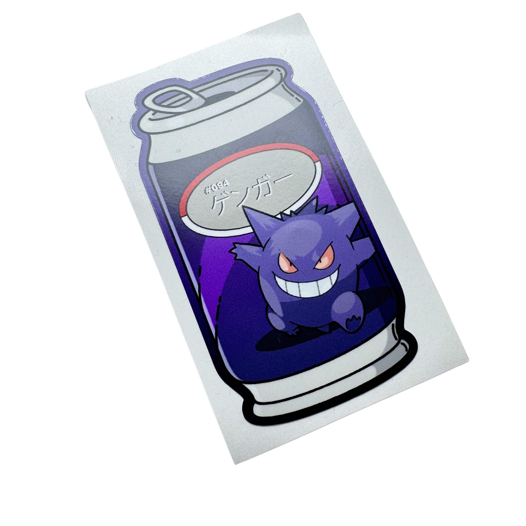 Close-up of durable Gengar Pokémon sticker with a bold purple design, ideal for customizing dashboards, toolboxes, or water bottles.