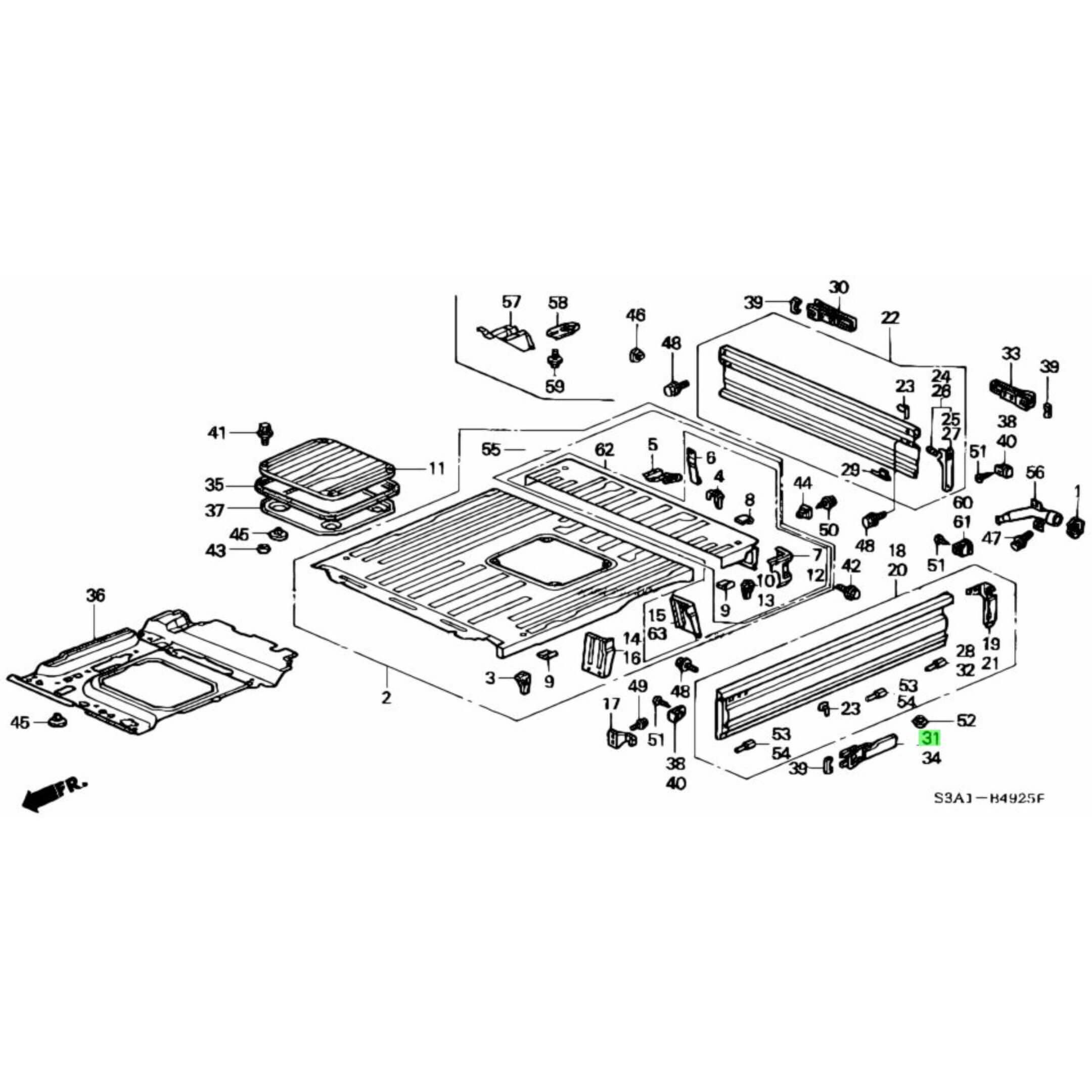 Diagram displaying side gate latch placement on Honda Acty Truck HA3, HA4 models.