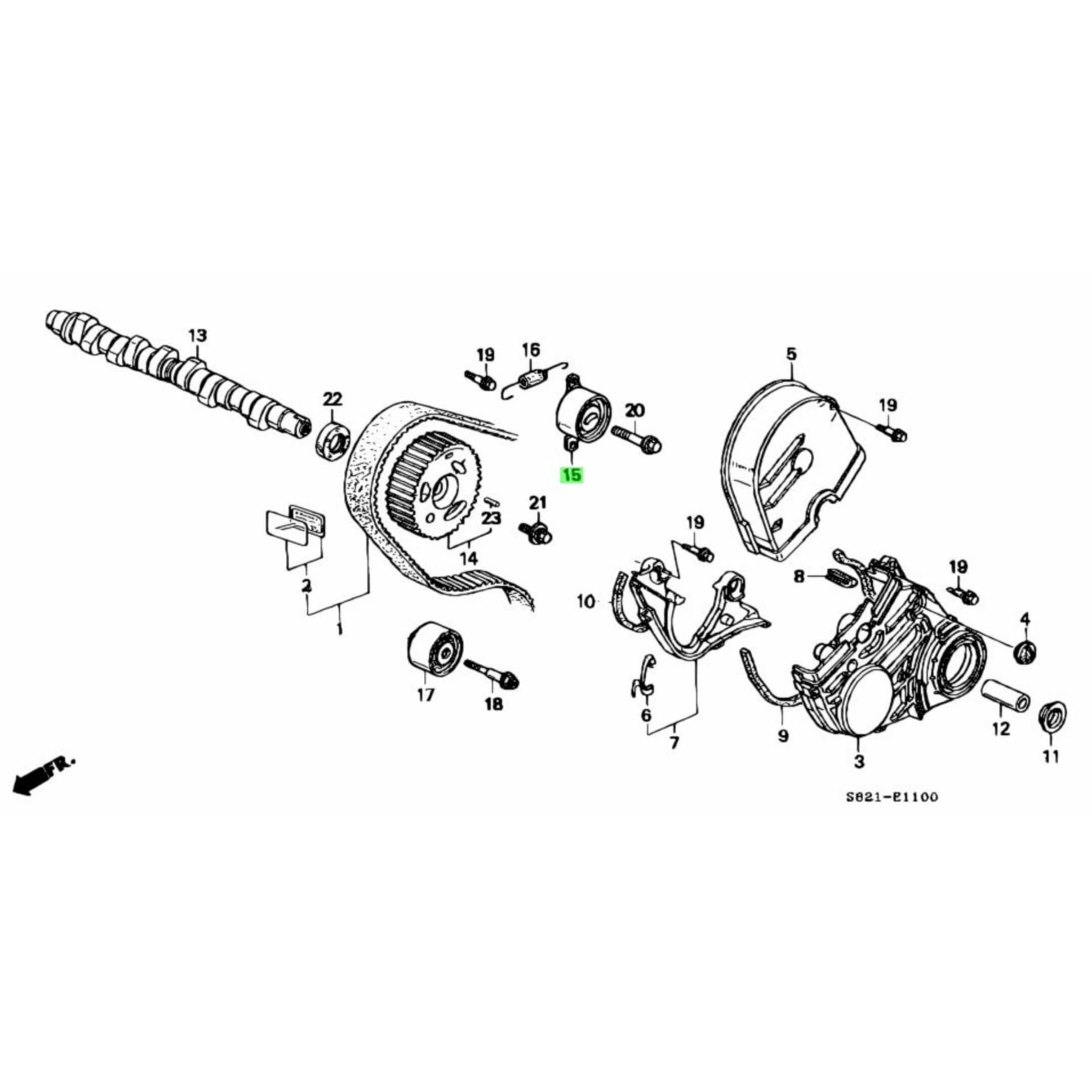 Technical diagram of Timing Belt Tensioner Pulley for Honda Acty Van HH5, HH6 models (1999-2009), showcasing component layout and assembly.