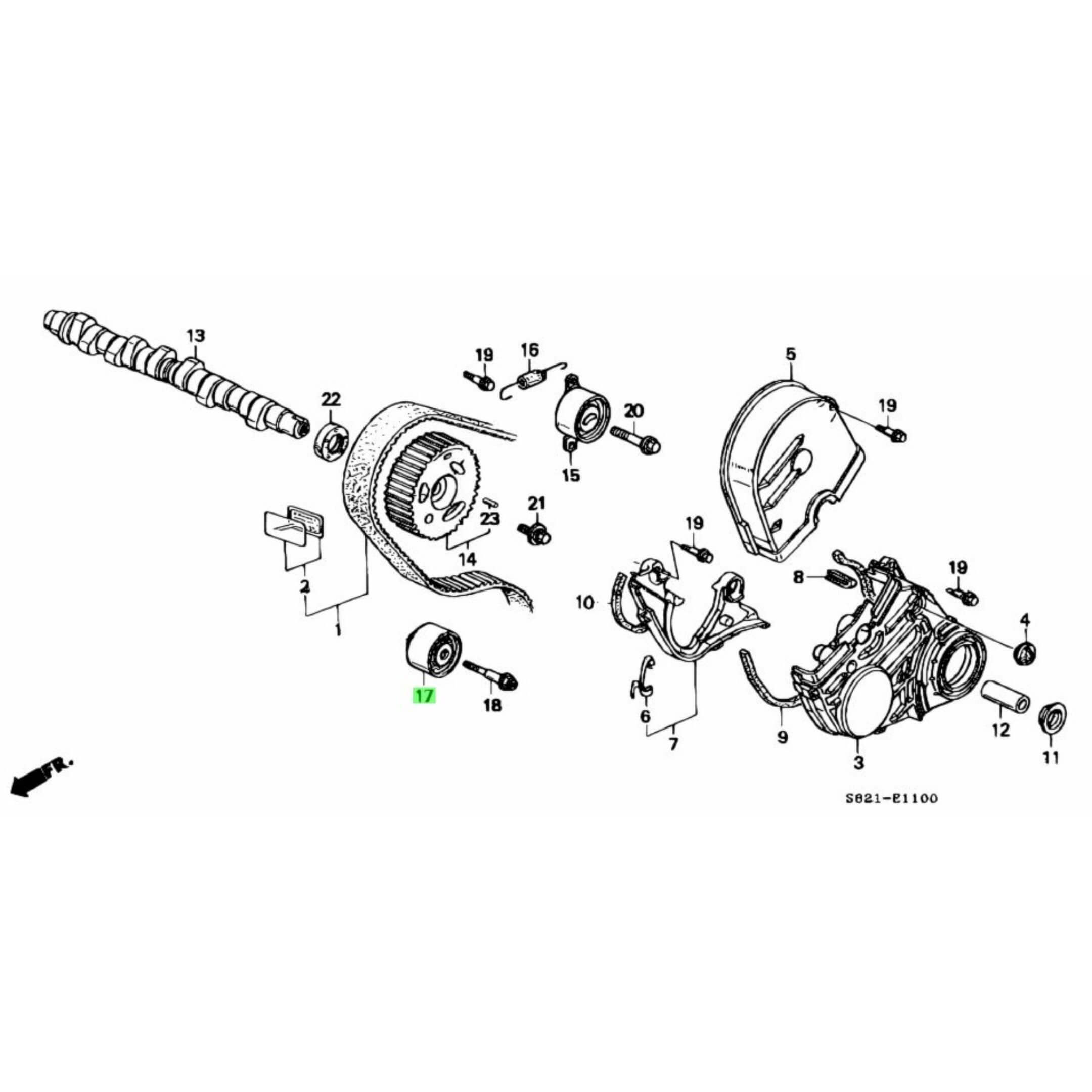 Illustrated breakdown of Honda Acty timing components featuring the idler pulley for HA6, HA7 models.