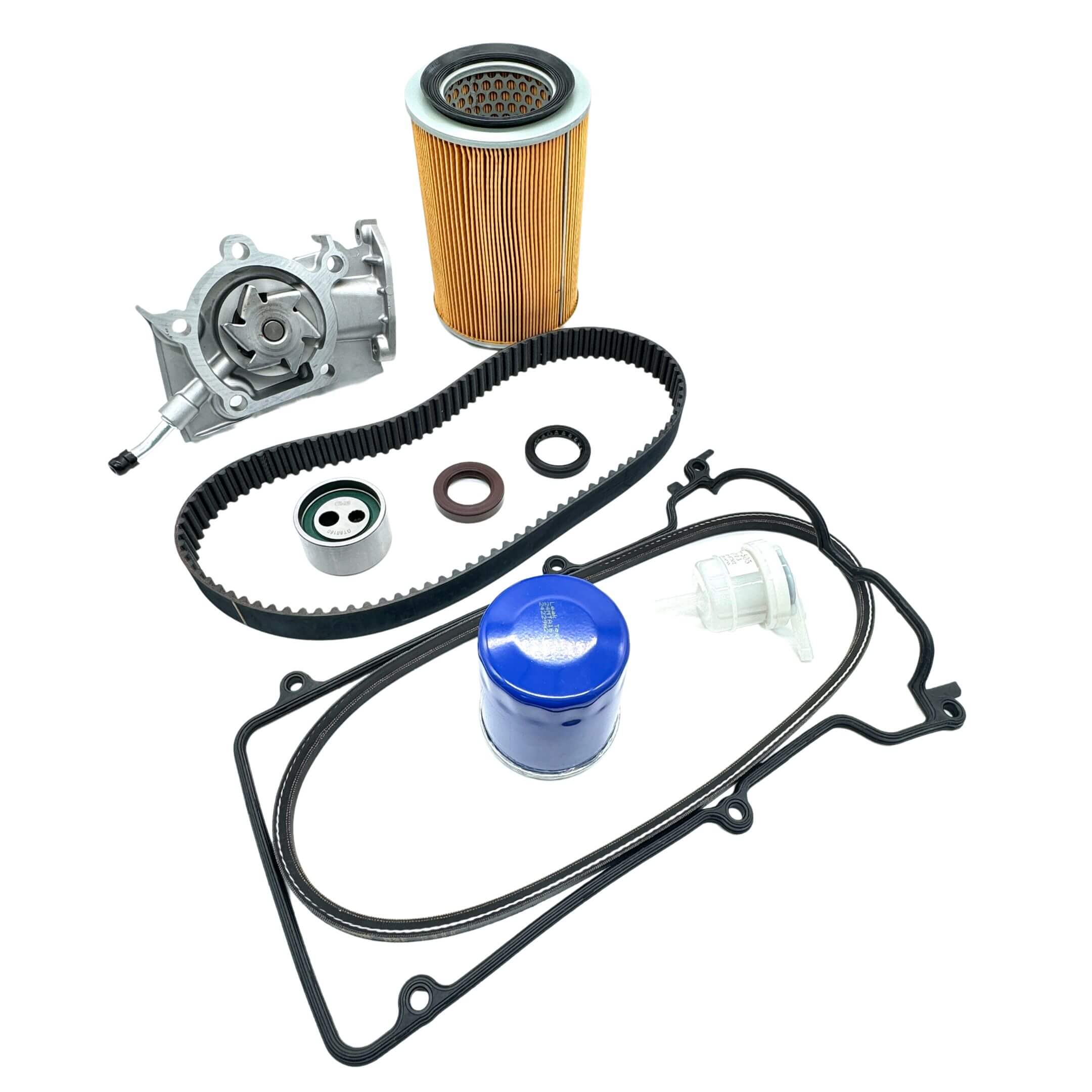 Detailed view of Daihatsu Hijet 10-piece Timing Belt Kit components, including gaskets, filters, and belts, designed for S100P/S110P models (1994-1998).