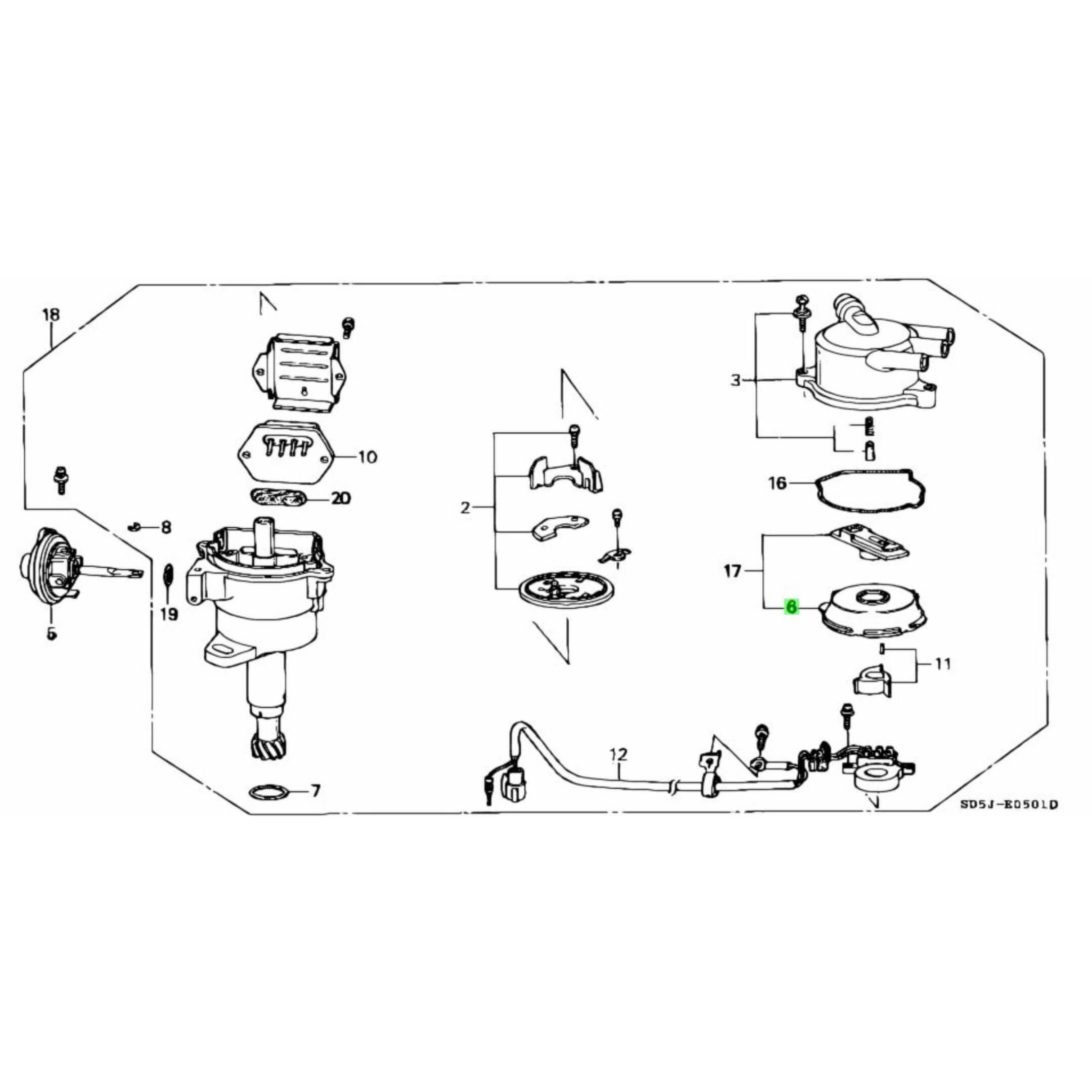 Honda Acty distributor assembly diagram with highlighted Distributor Internal Leak Cover part for HA3, HA4 models