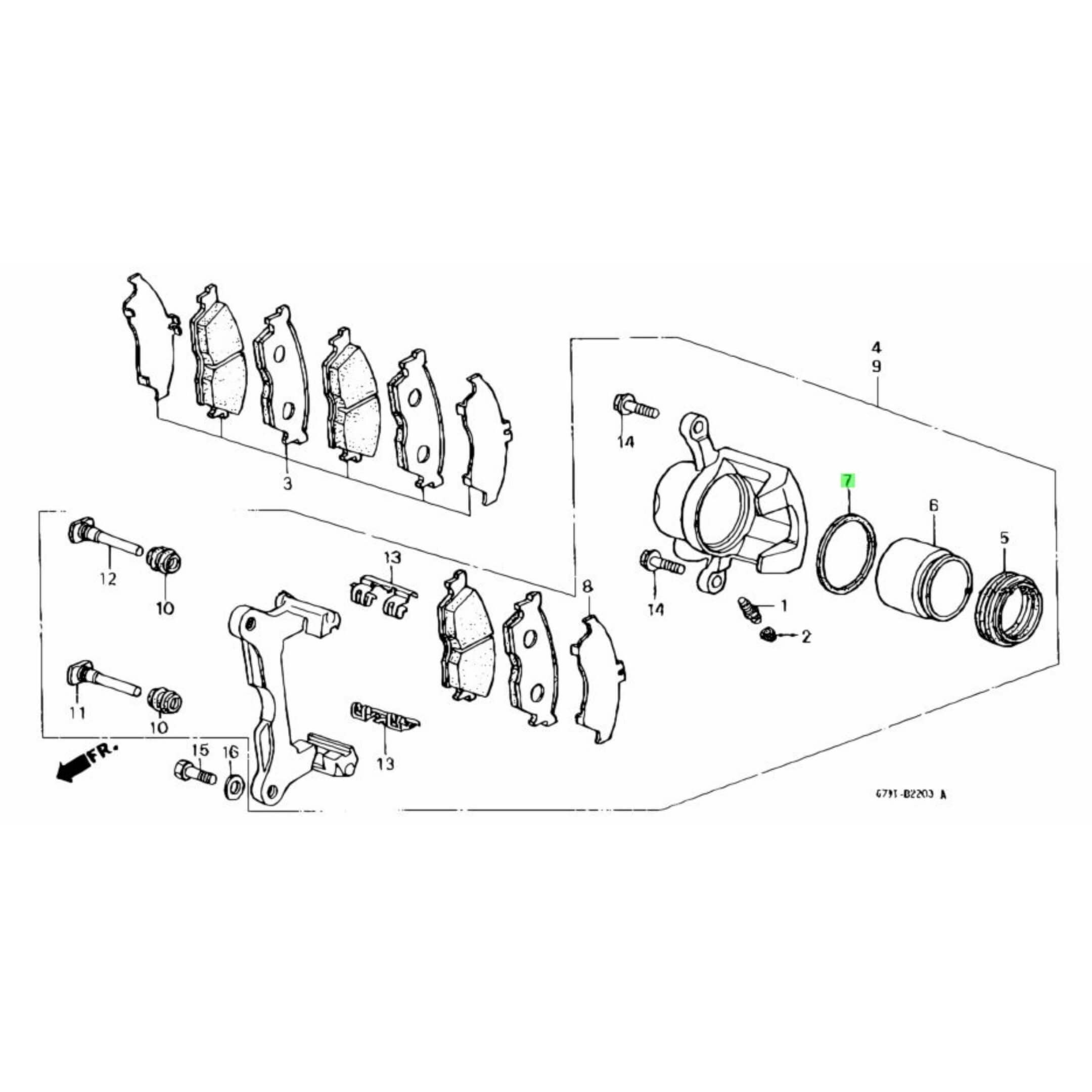 Detailed parts diagram showing the inner brake caliper seal placement for Honda Acty HA3, HA4 trucks, model years 1990-1999.