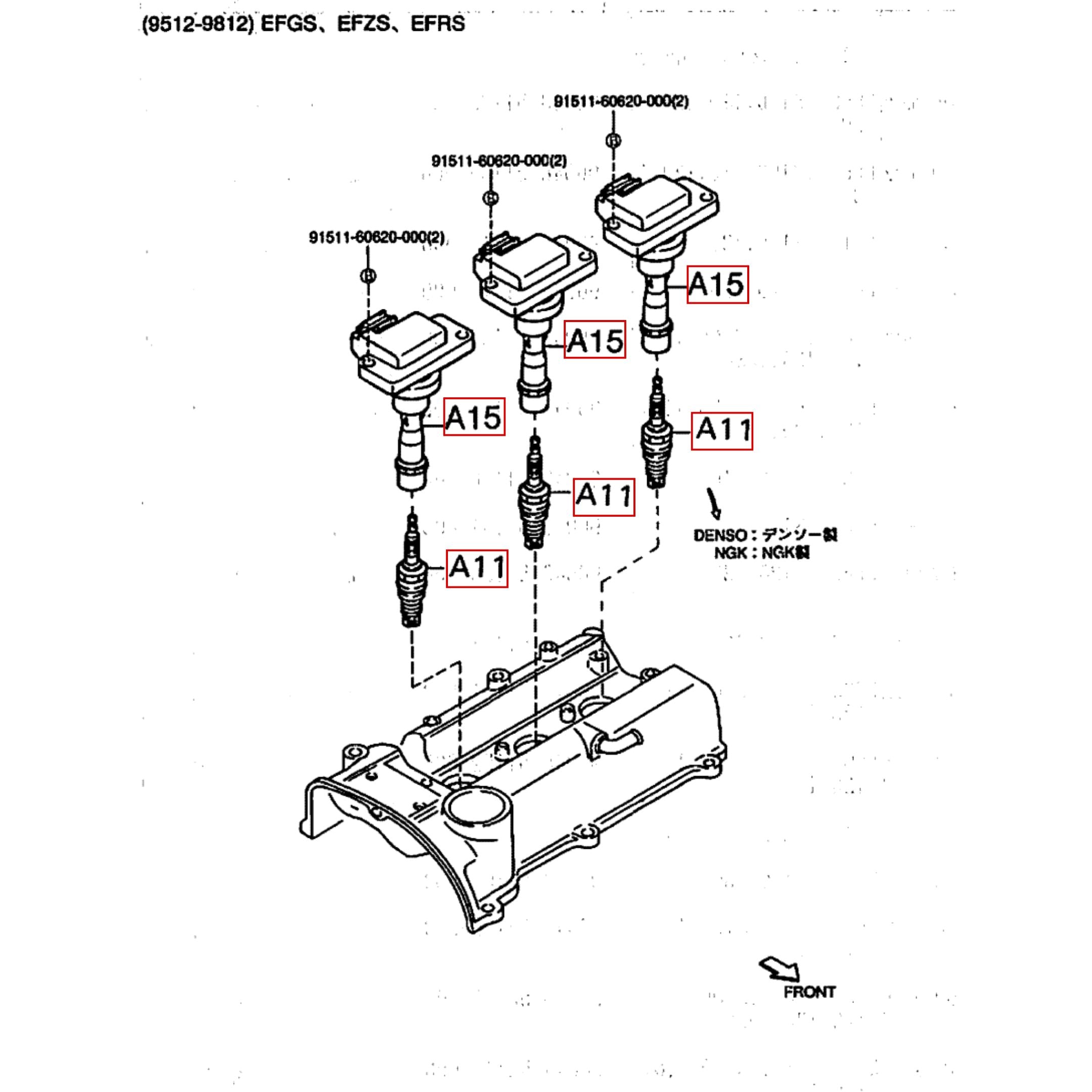 6 Piece Ignition Kit featuring spark plugs and ignition coils for Daihatsu Hijet models S100, S110, S120, S130, compatible with EFGS and EFZS DOHC engines from 12/1995 to 12/1996.