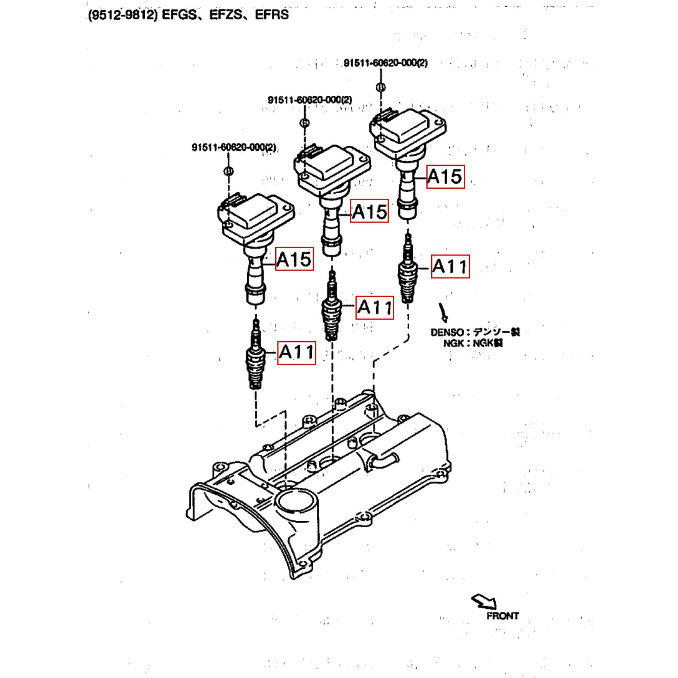 6 Piece Ignition Kit for Daihatsu Hijet S100, S110, 120, S130 Models (1997-1999) featuring detailed diagram of spark plugs and ignition coils for EFRS DOHC engines.