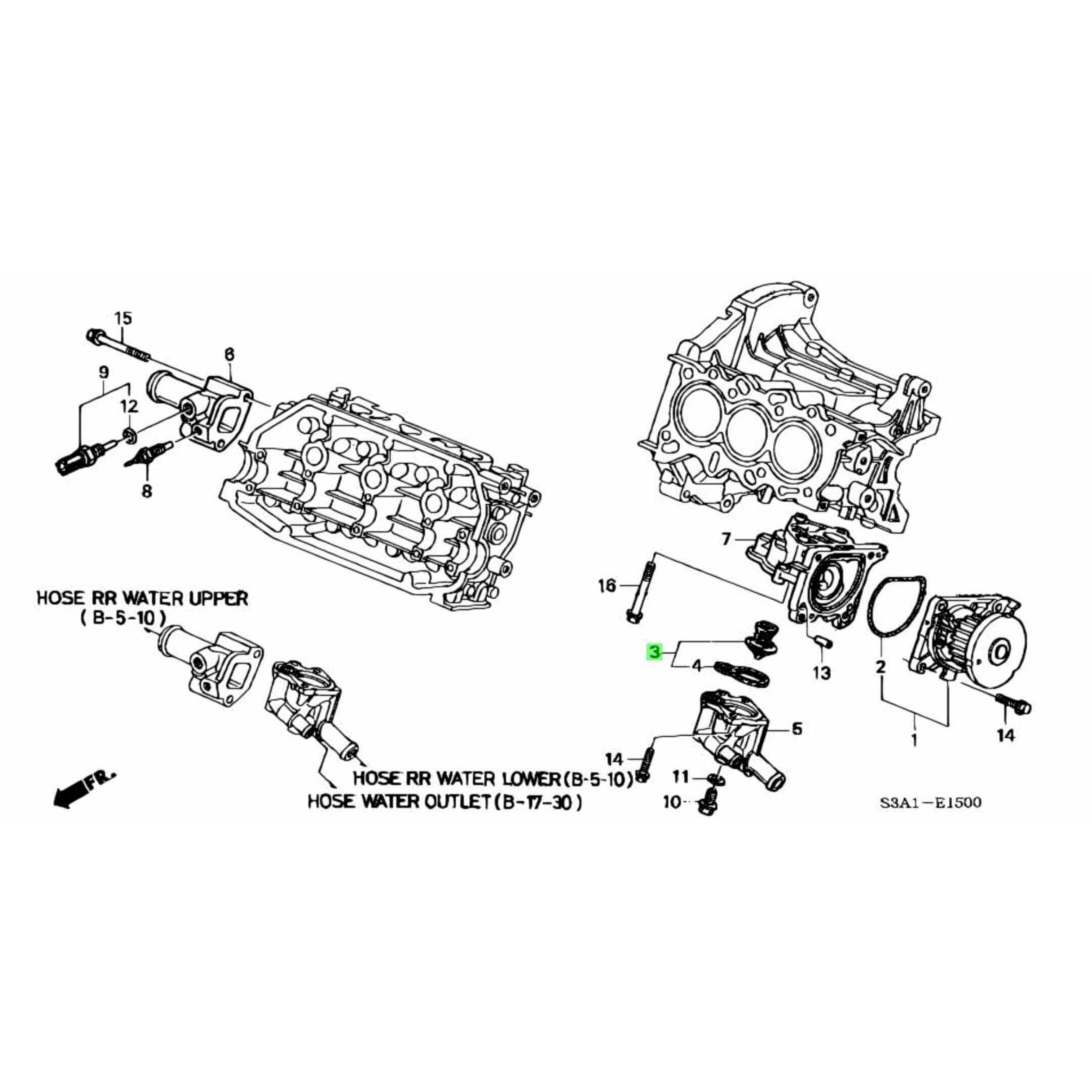 Diagram of Honda Acty Truck cooling system showing part number location for thermostat.