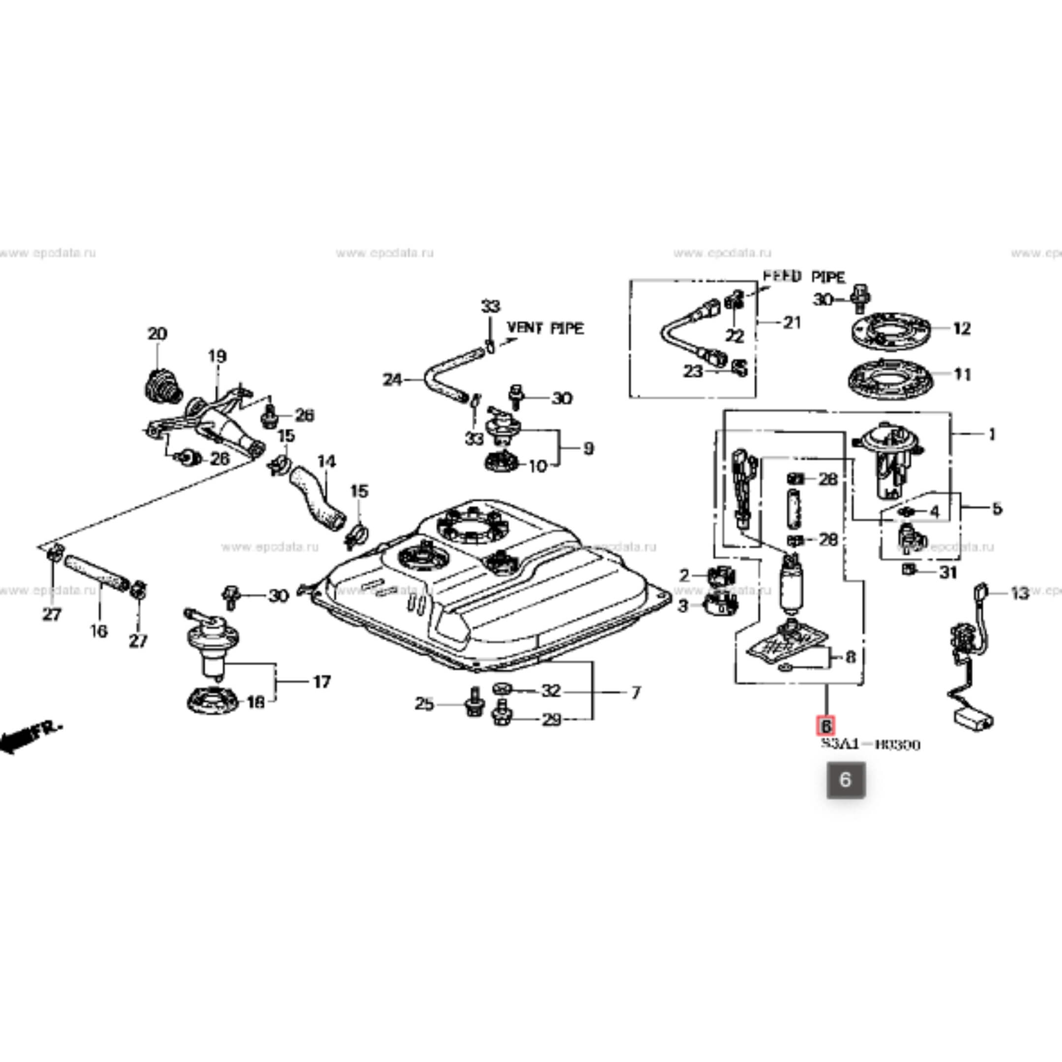 Technical diagram of Genuine Honda Fuel Pump for Honda Vamos Van HM1, HM2 Models 1999-2018, showcasing detailed parts and connections.