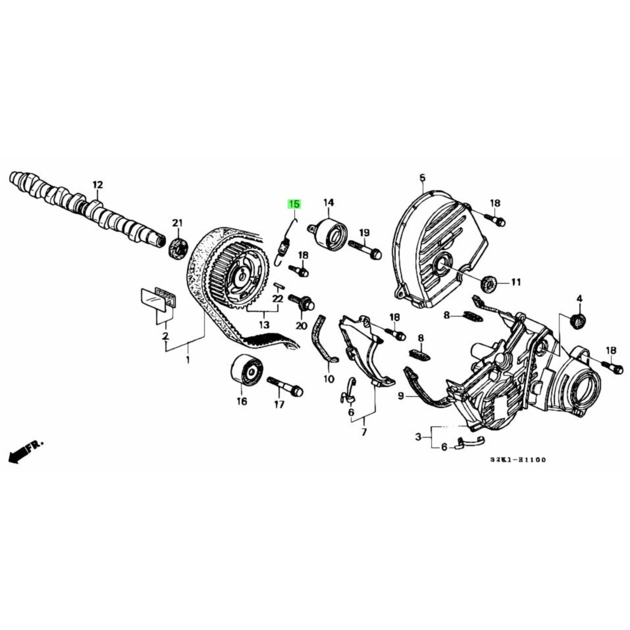 Technical diagram of Timing Belt Tensioner Spring for Honda Acty Van HH5, HH6 models (1999-2009), showcasing detailed parts layout.