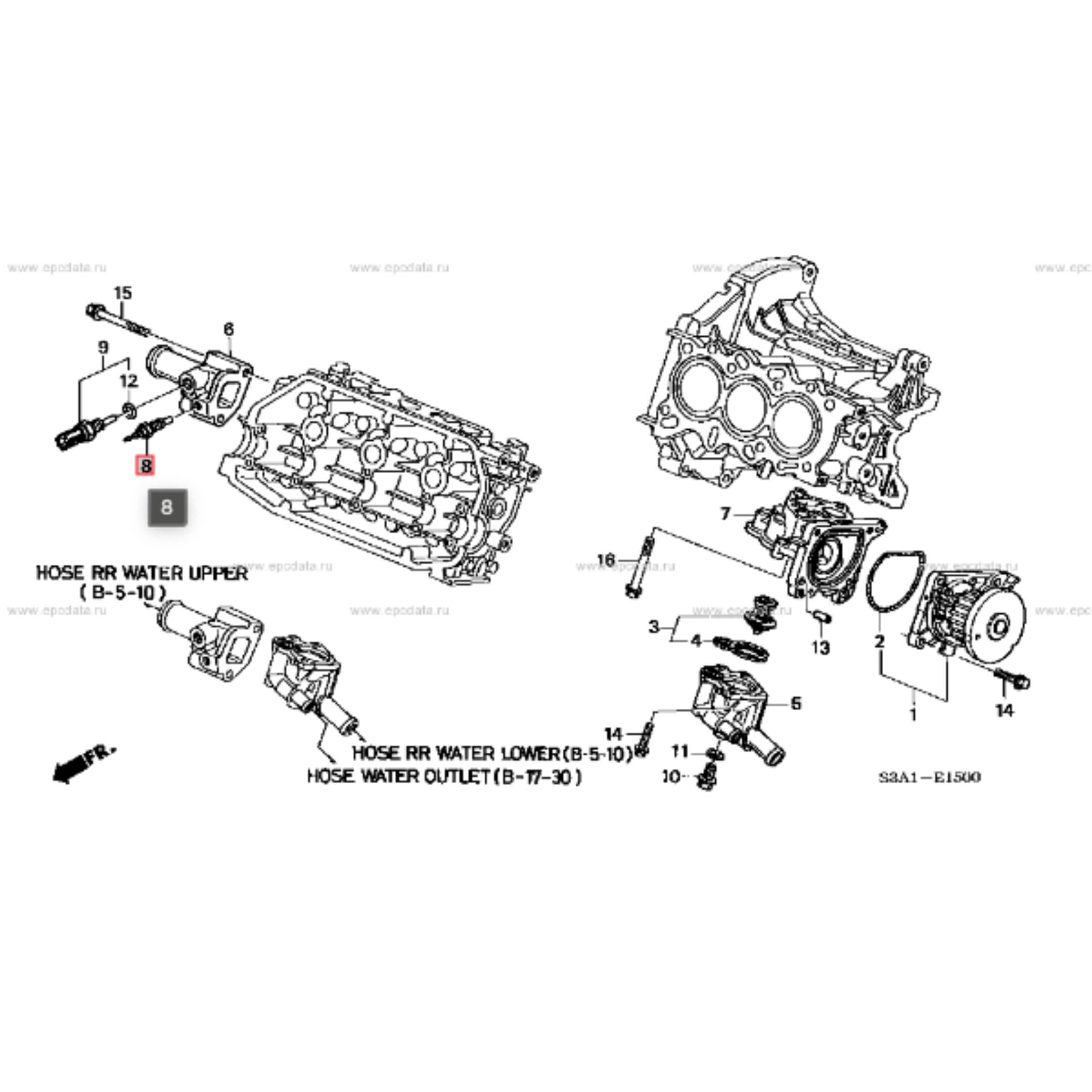 Exploded diagram illustrating the placement of the water temperature sensor in Honda Acty HA6, HA7 trucks (1999-2009).