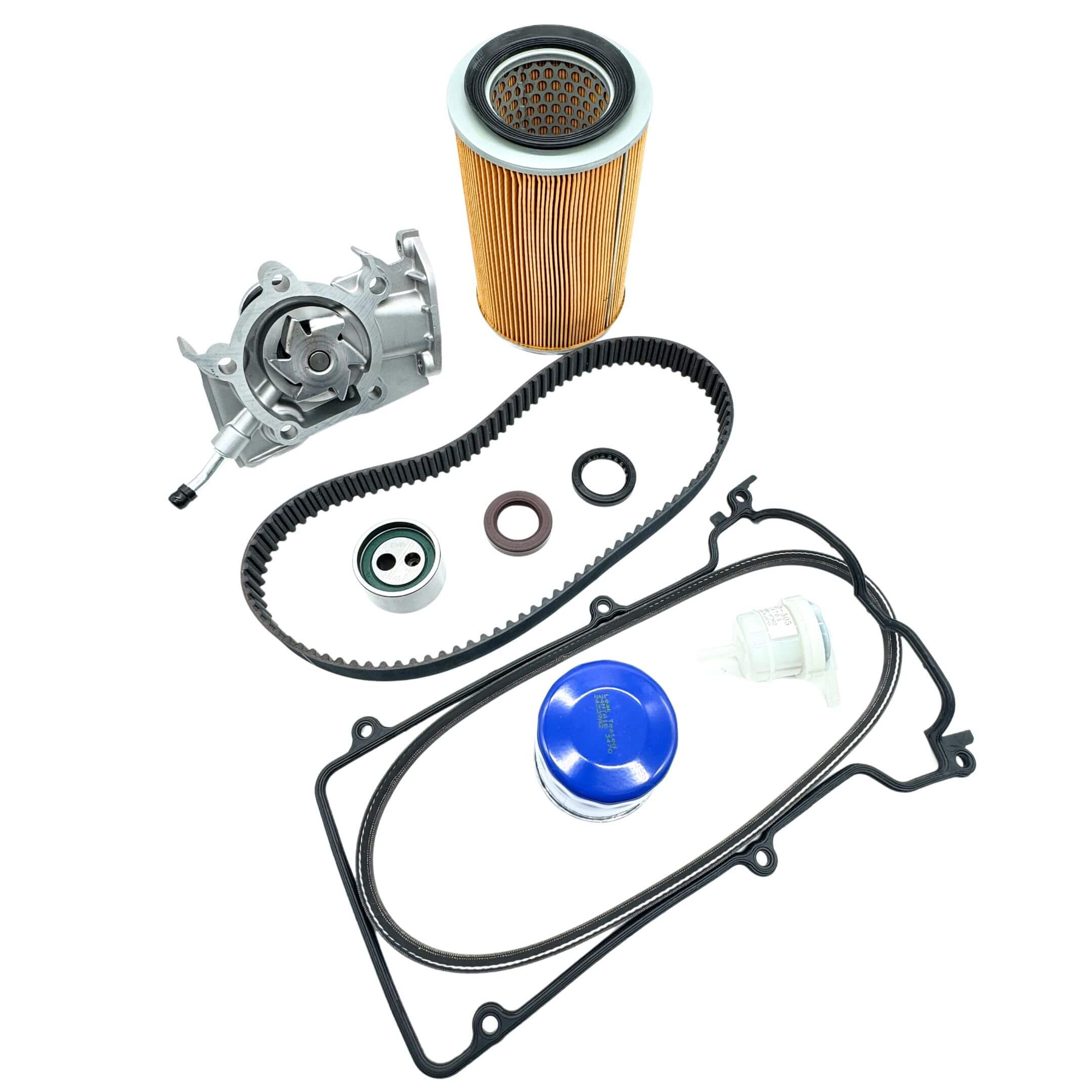 Complete 10-piece Daihatsu Hijet Timing Belt Kit for EFES and EFTS engines, featuring timing belt, alternator belt, filters, seals, and water pump.