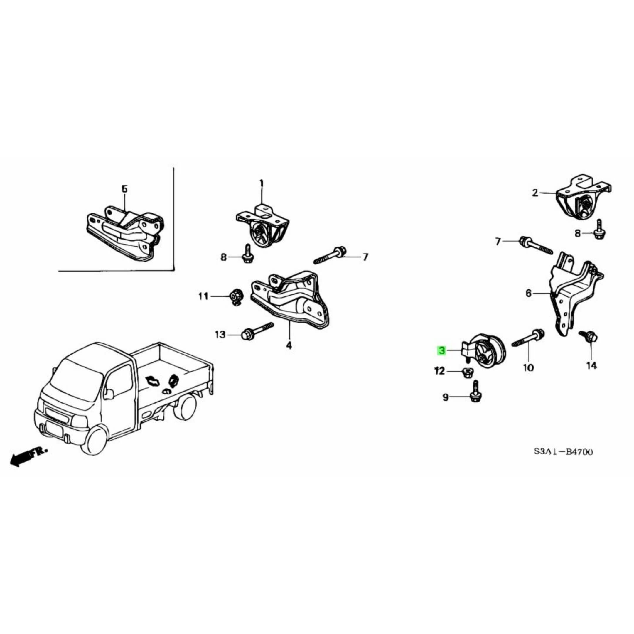 Honda Acty left engine mount part schematic for HA6, HA7 manual transmission models, 1999-2009