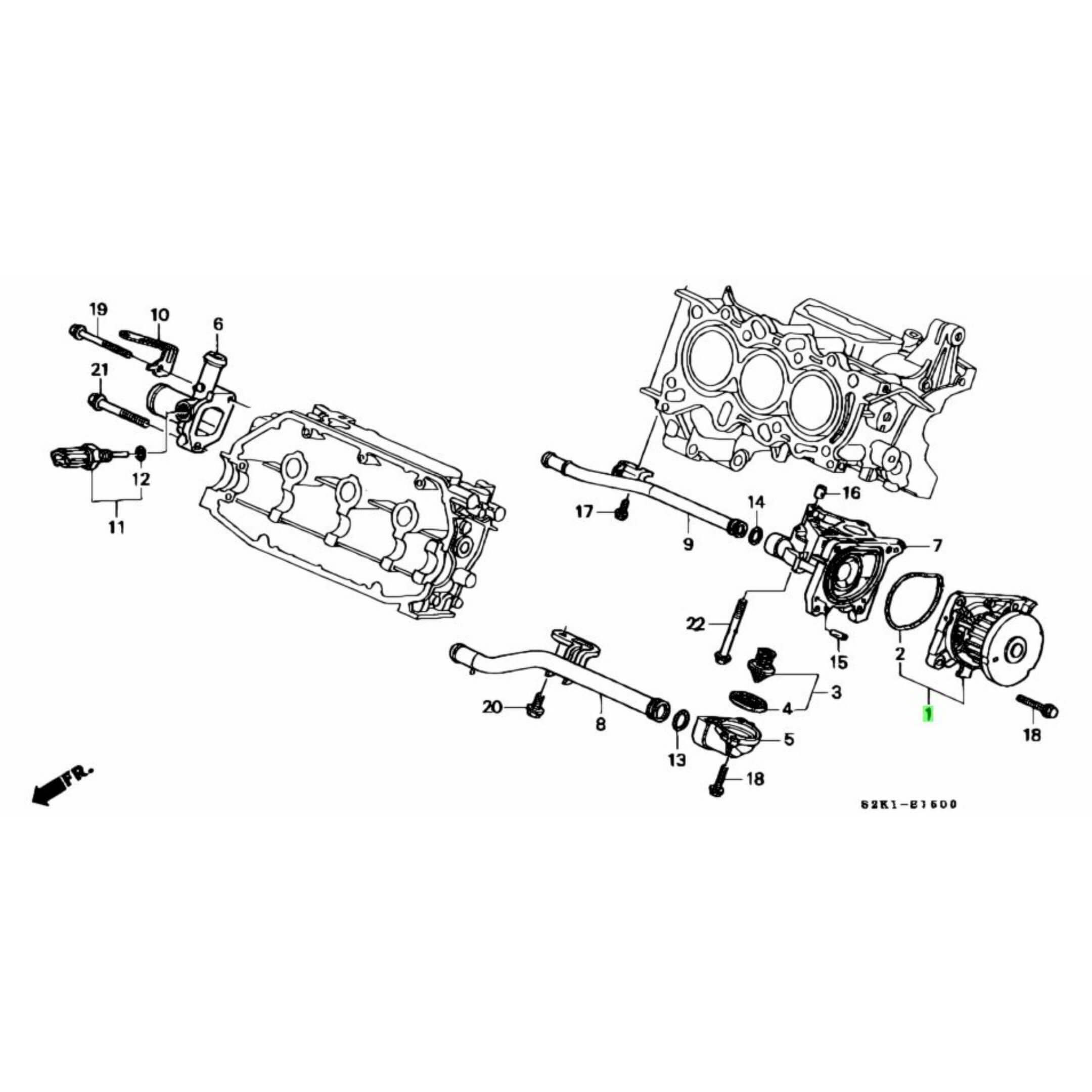 Technical diagram of a water pump for Honda Acty Van HH5, HH6 models (1999-2009), showcasing detailed component layout and assembly.