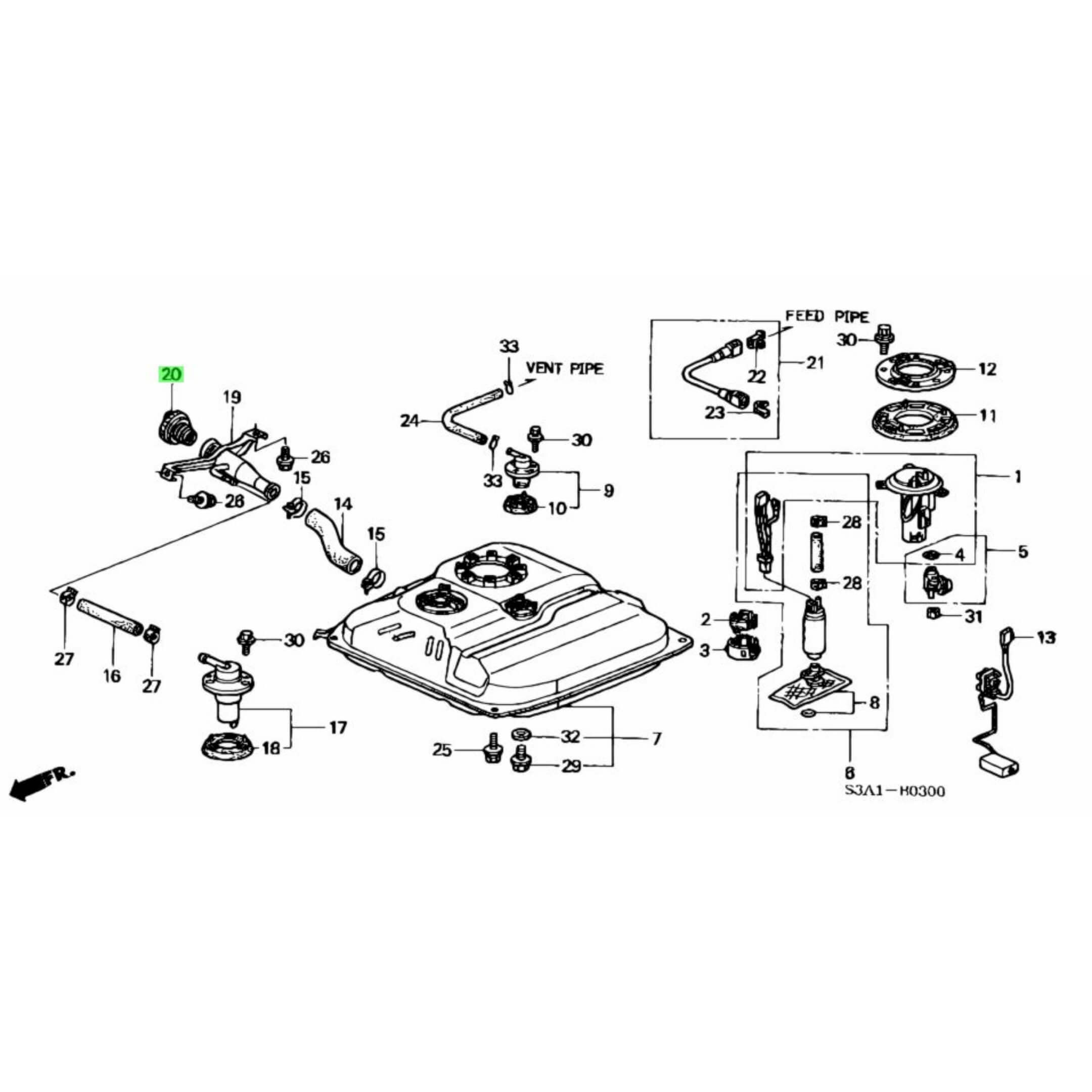 Technical diagram of a fuel cap and related components for Honda Vamos Van HM1, HM2 models (1999-2018).