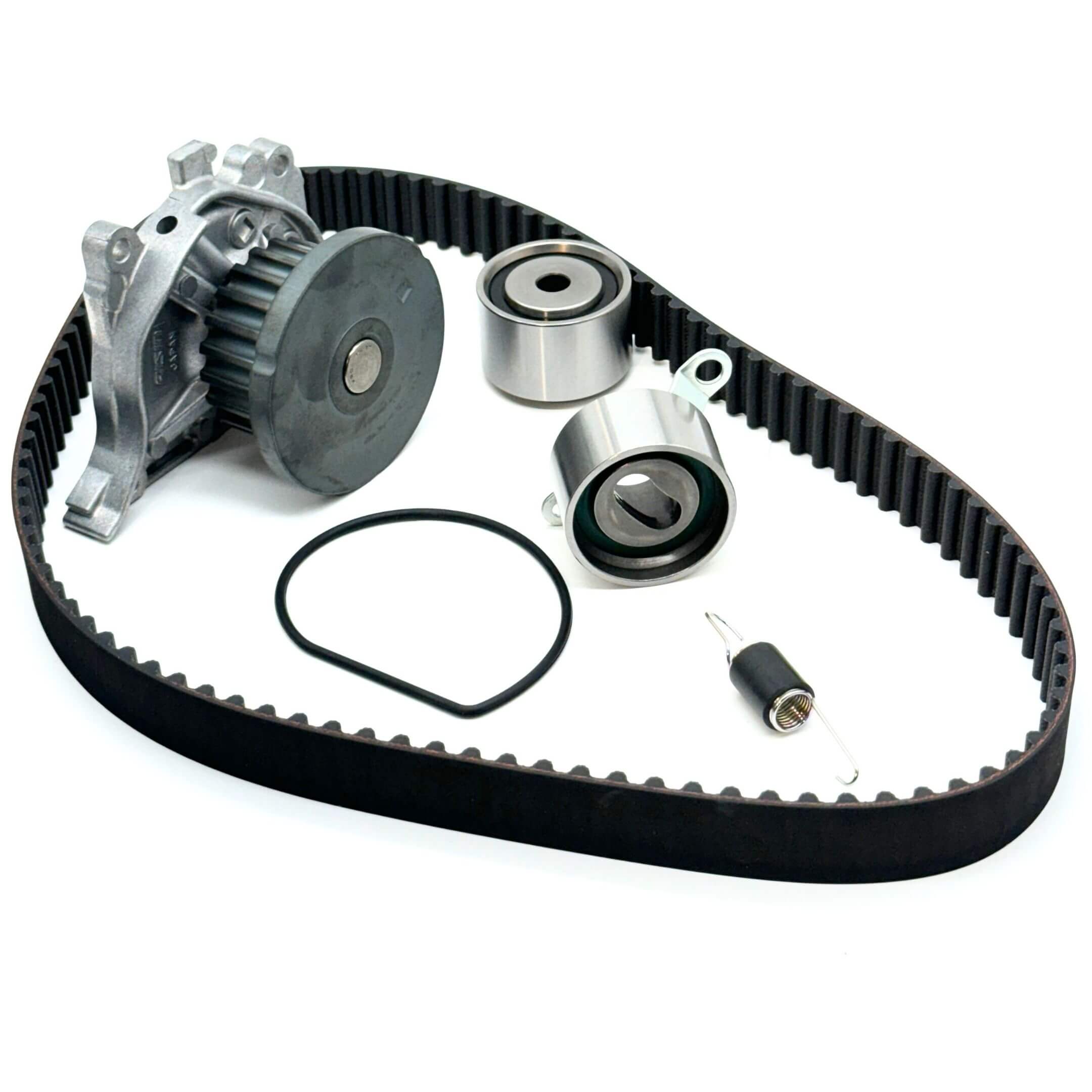 High-quality 6-piece Honda Acty Timing Belt Kit showcasing a water pump with gasket, tensioner pulley, and precision-engineered idler pulley.