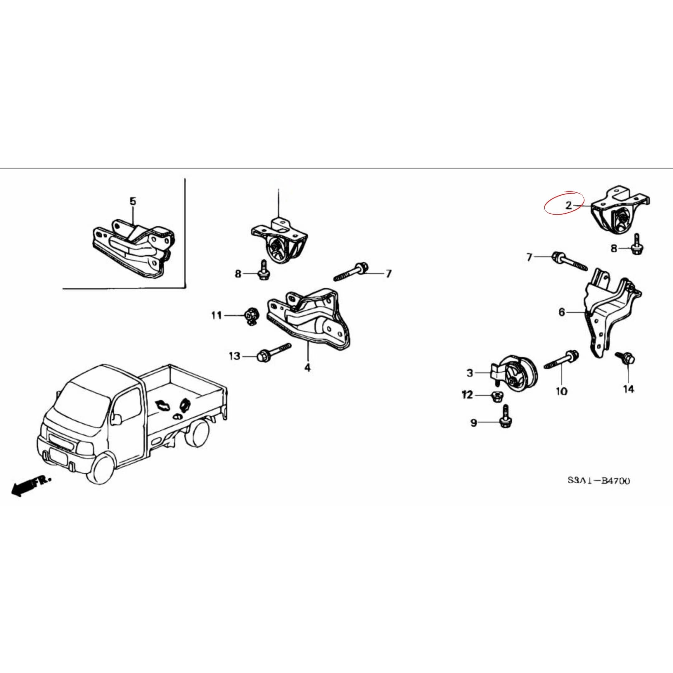 Exploded view of Honda Acty Truck HA6, HA7 engine mount assembly, highlighting rear engine mount for manual transmission models (1999-2009).