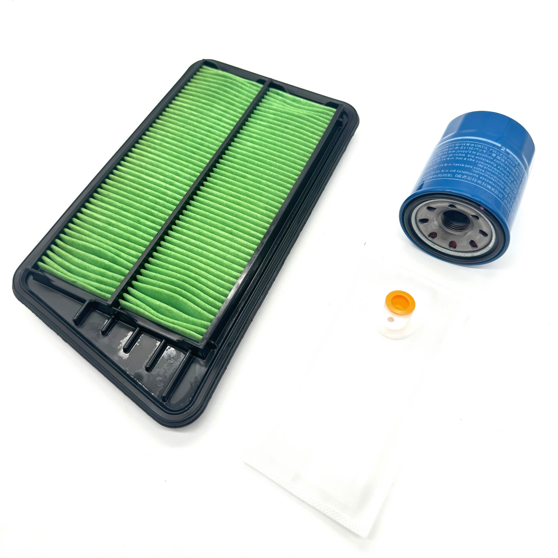 3 Piece Filter Package for Honda Vamos Van HM1, HM2 Models (1999-2018) featuring a green air filter, blue oil filter, and white fuel filter.