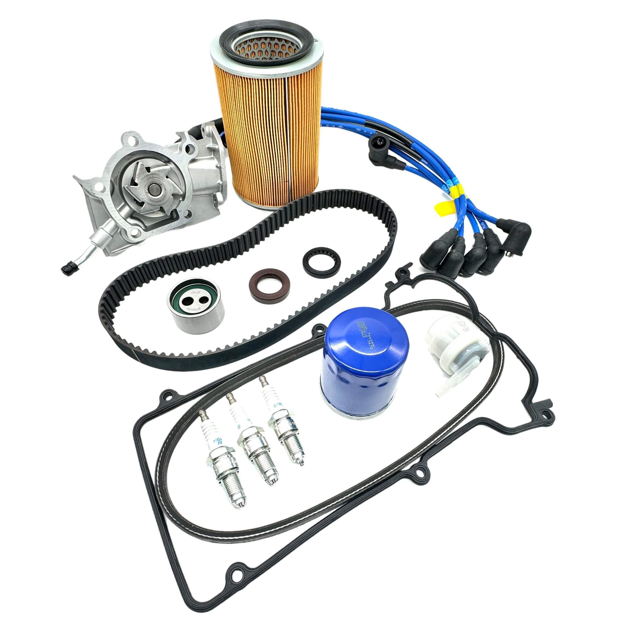 17-piece Timing Belt Kit for Daihatsu Hijet Van S100V/S110V EFES, EFTS engines, including belts, water pump, NGK spark plugs, ignition wire kit, filters, and seals.