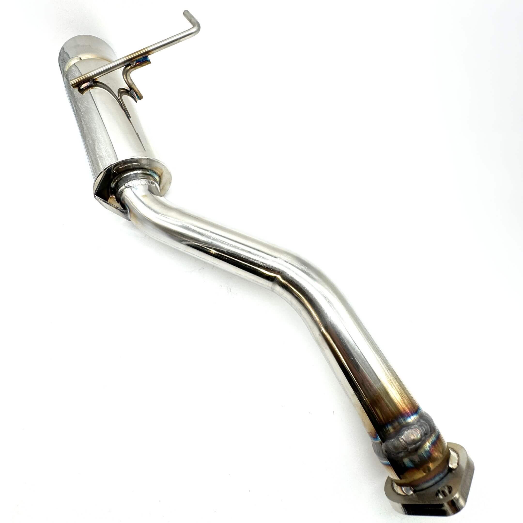 Rear view of the Wirus Win Popper Muffler, showcasing its curved stainless steel pipe and downturned outlet.