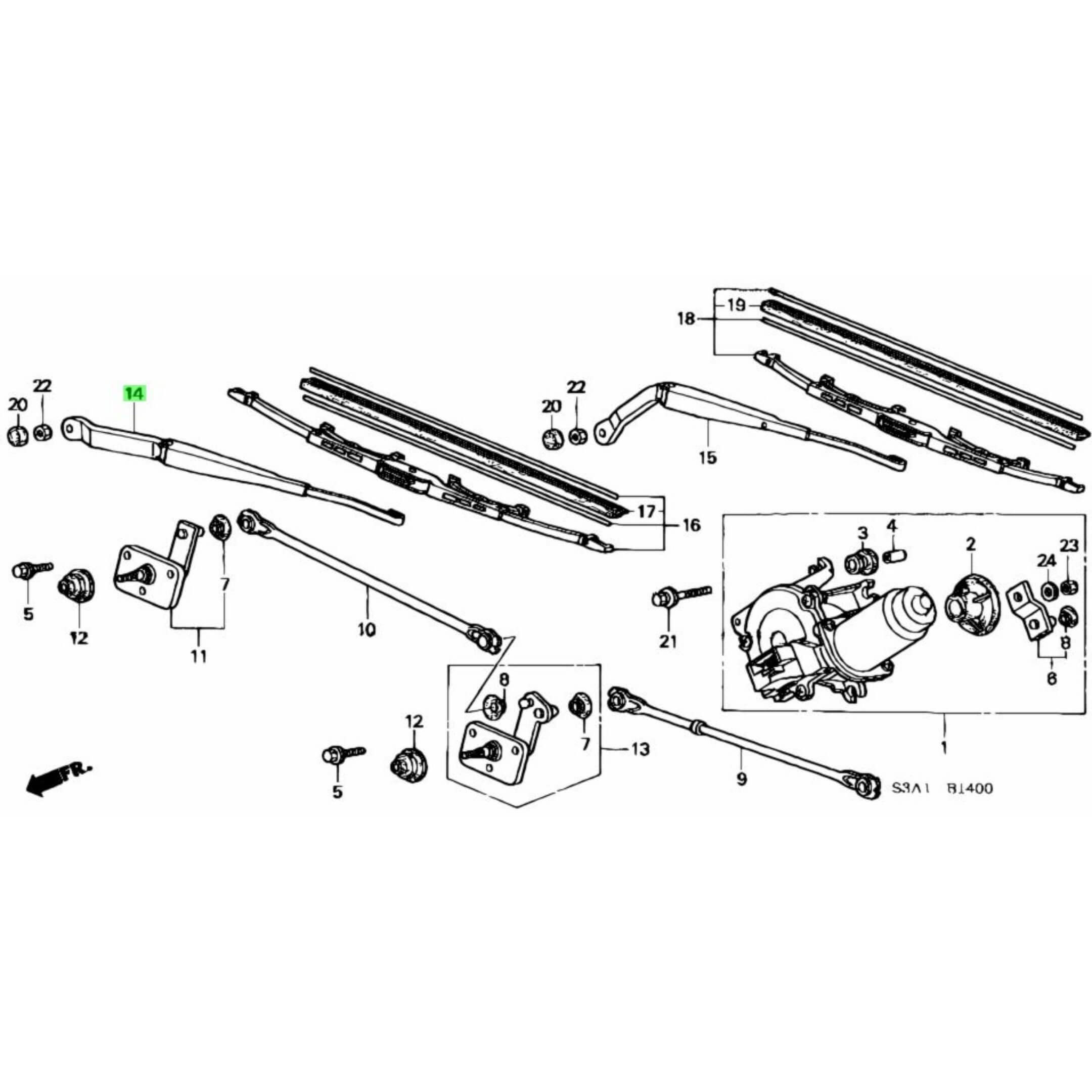 Illustrated diagram showing the driver-side wiper arm and assembly components for Honda Acty HA6, HA7 models, with the wiper arm marked as part #14.