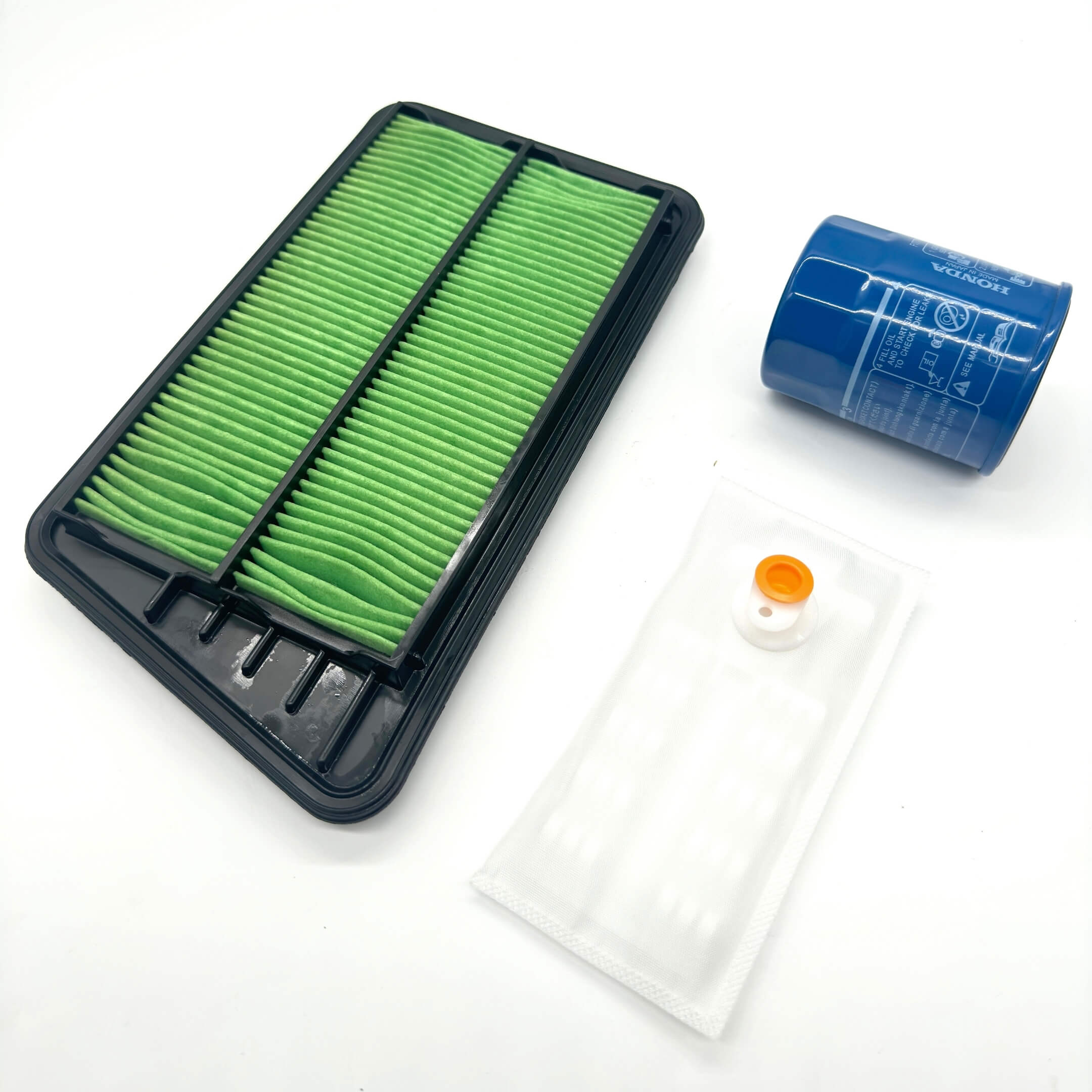 3 Piece Filter Package for Honda Acty Truck HA6, HA7 Models (1999-2009) featuring a green air filter, blue oil filter, and white fuel filter.