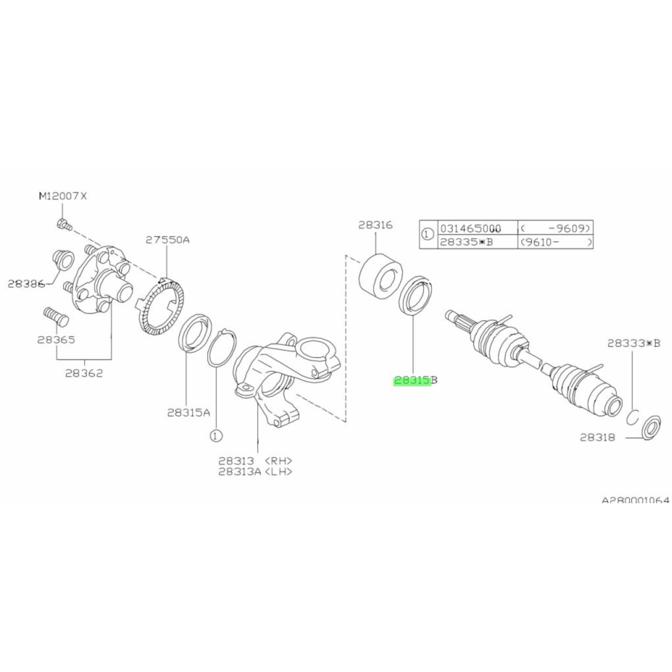 Diagram displaying the Subaru Front Wheel Inner Seal position in the assembly for Sambar KS3 and KS4 trucks.