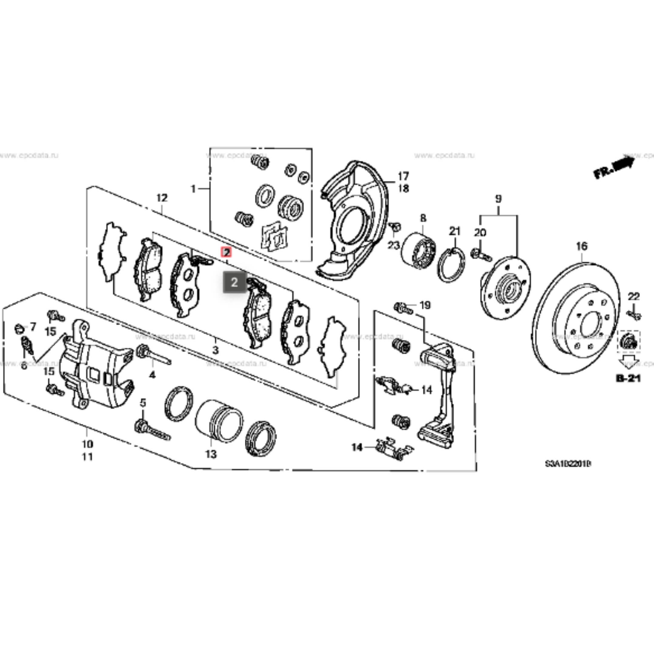 Technical diagram of a front brake pad set for Honda Vamos Van HM1, HM2 models (1999-2018), showcasing individual components and assembly layout.