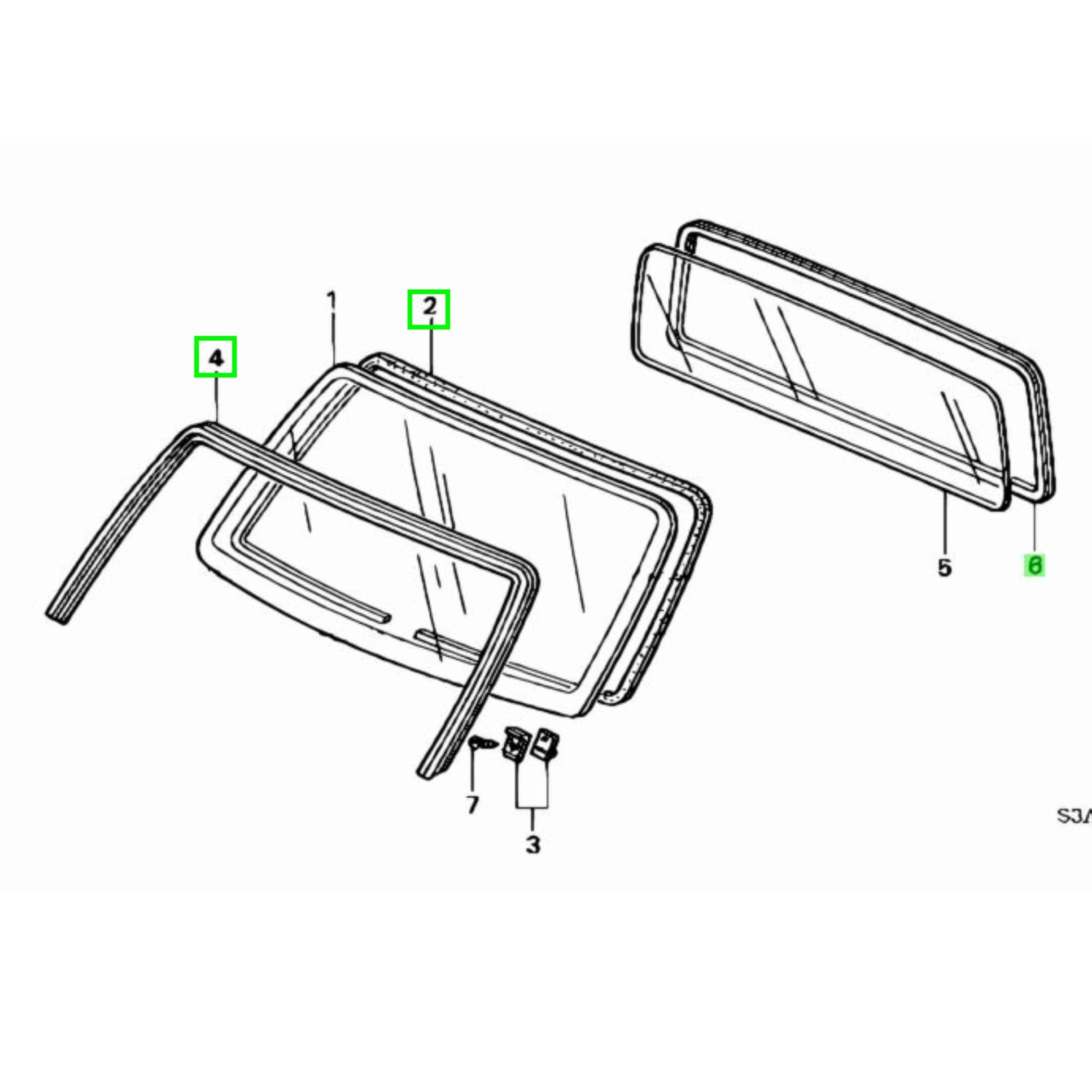 Technical diagram of windshield molding for Honda Vamos Van HM1, HM2 models (1999-2018), showcasing detailed parts and assembly layout.