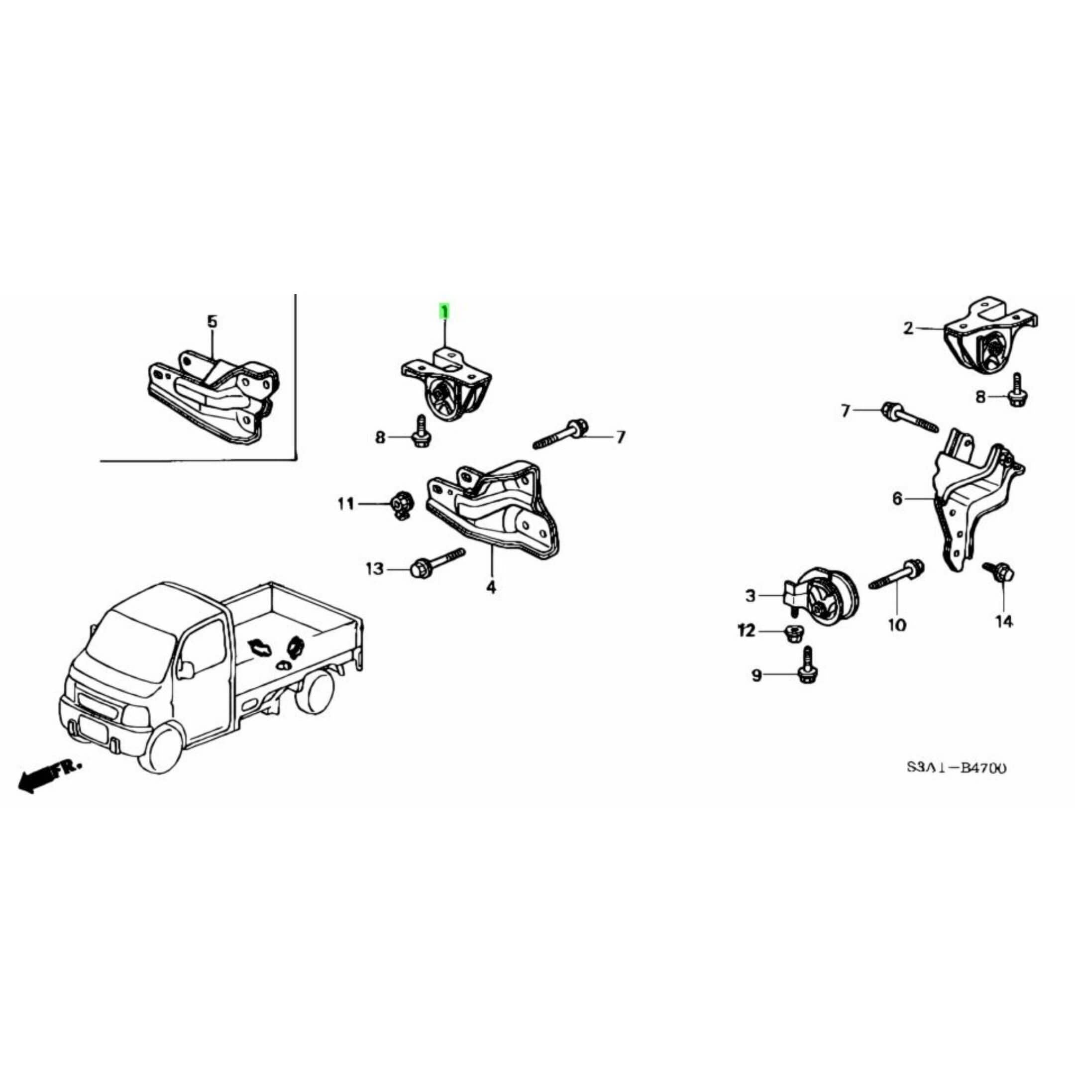 Technical diagram of the right side engine mount for Honda Vamos Van HM1, HM2 models (1999-2018) with manual transmission, showcasing detailed parts layout.