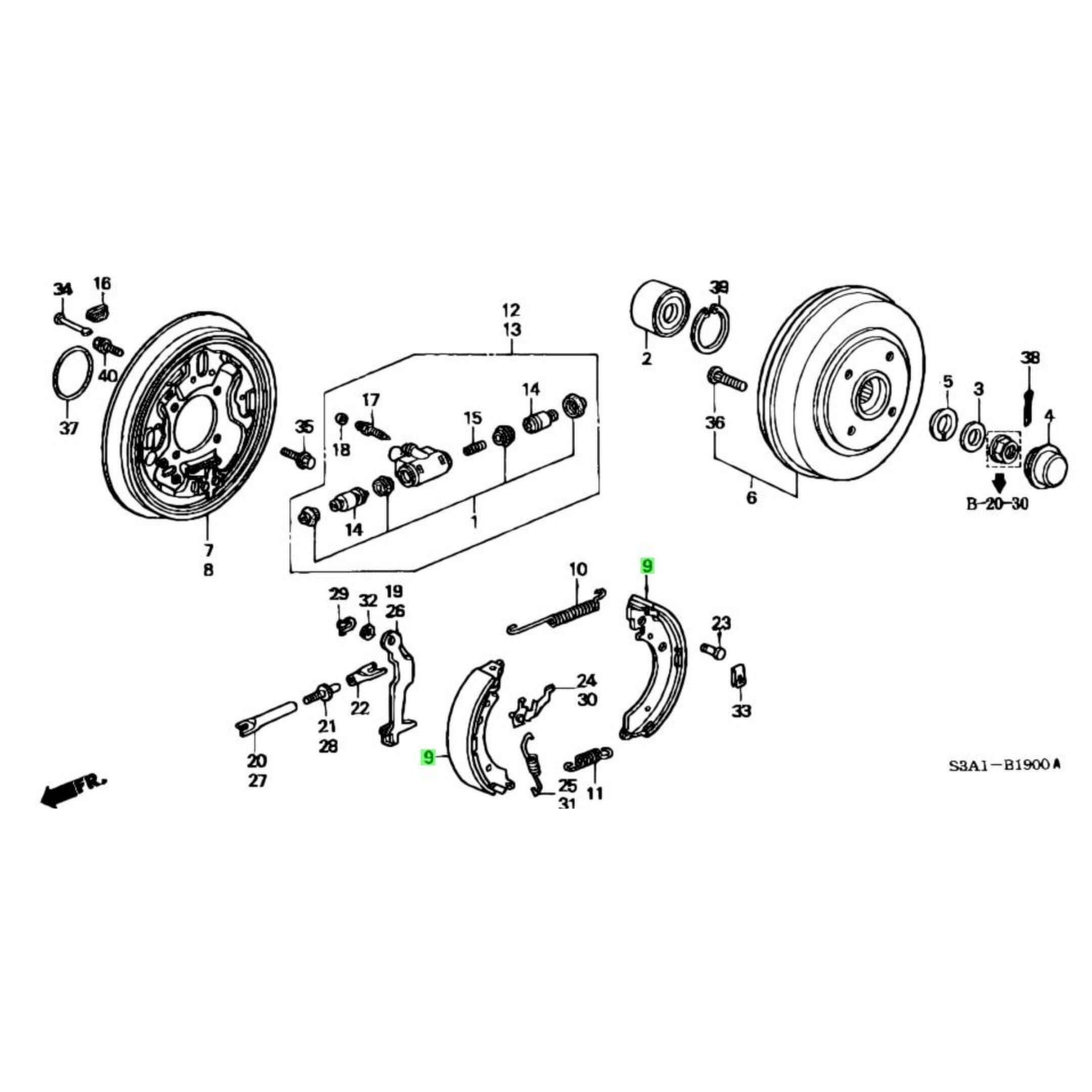 Technical diagram of rear brake shoes for Honda Acty Van HH5, HH6 models (1999-2009), showcasing detailed components and assembly layout.