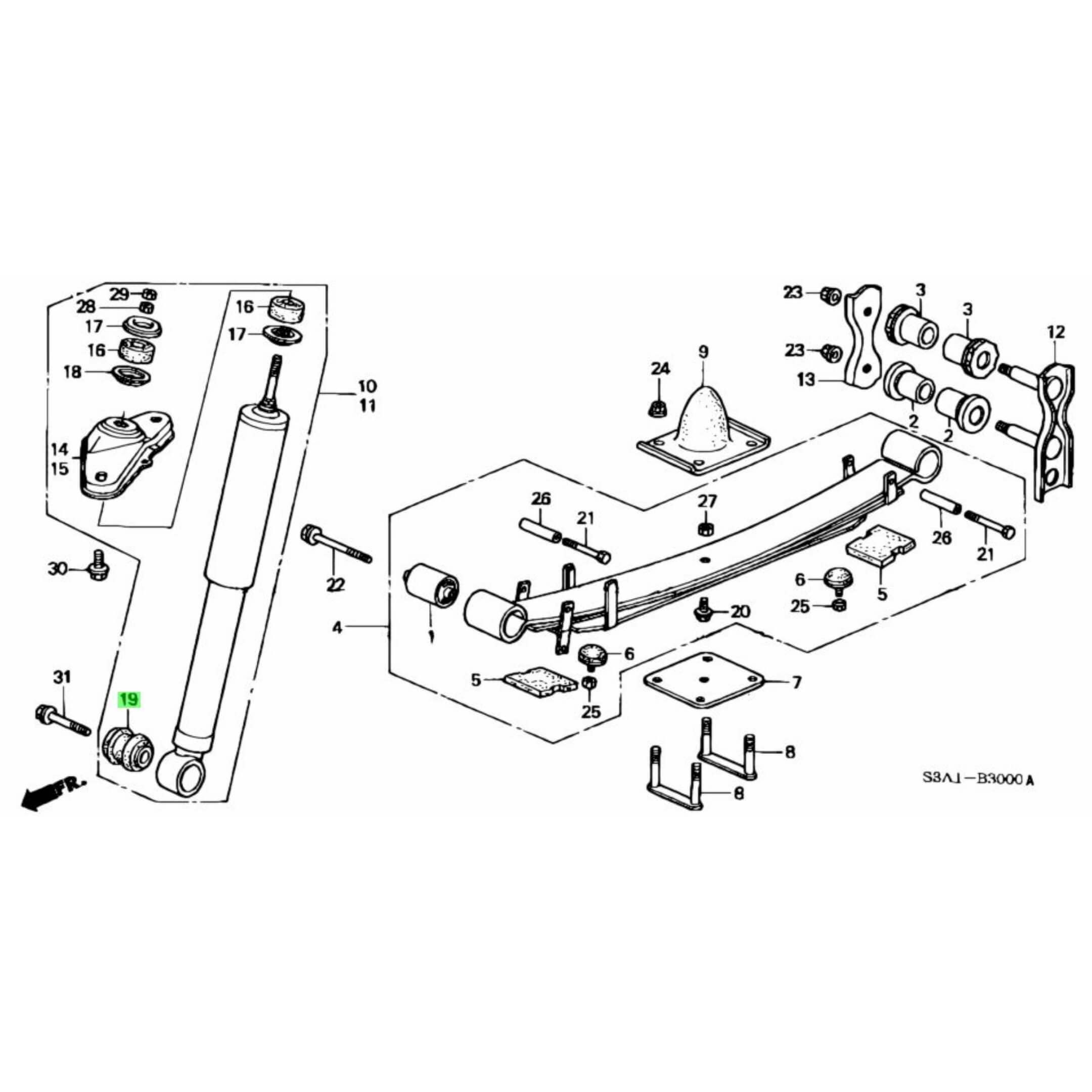 Technical diagram of rear shock bushing for Honda Vamos Van HM1, HM2 models (1999-2018), showcasing detailed parts and assembly layout.