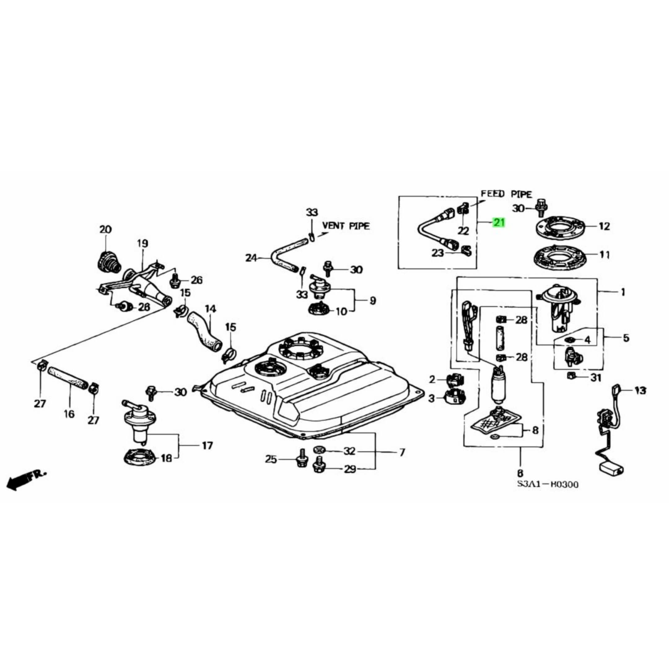 Technical diagram of fuel pump tubing for Honda Acty Van HH5, HH6 models (1999-2009), showcasing parts layout and connections.