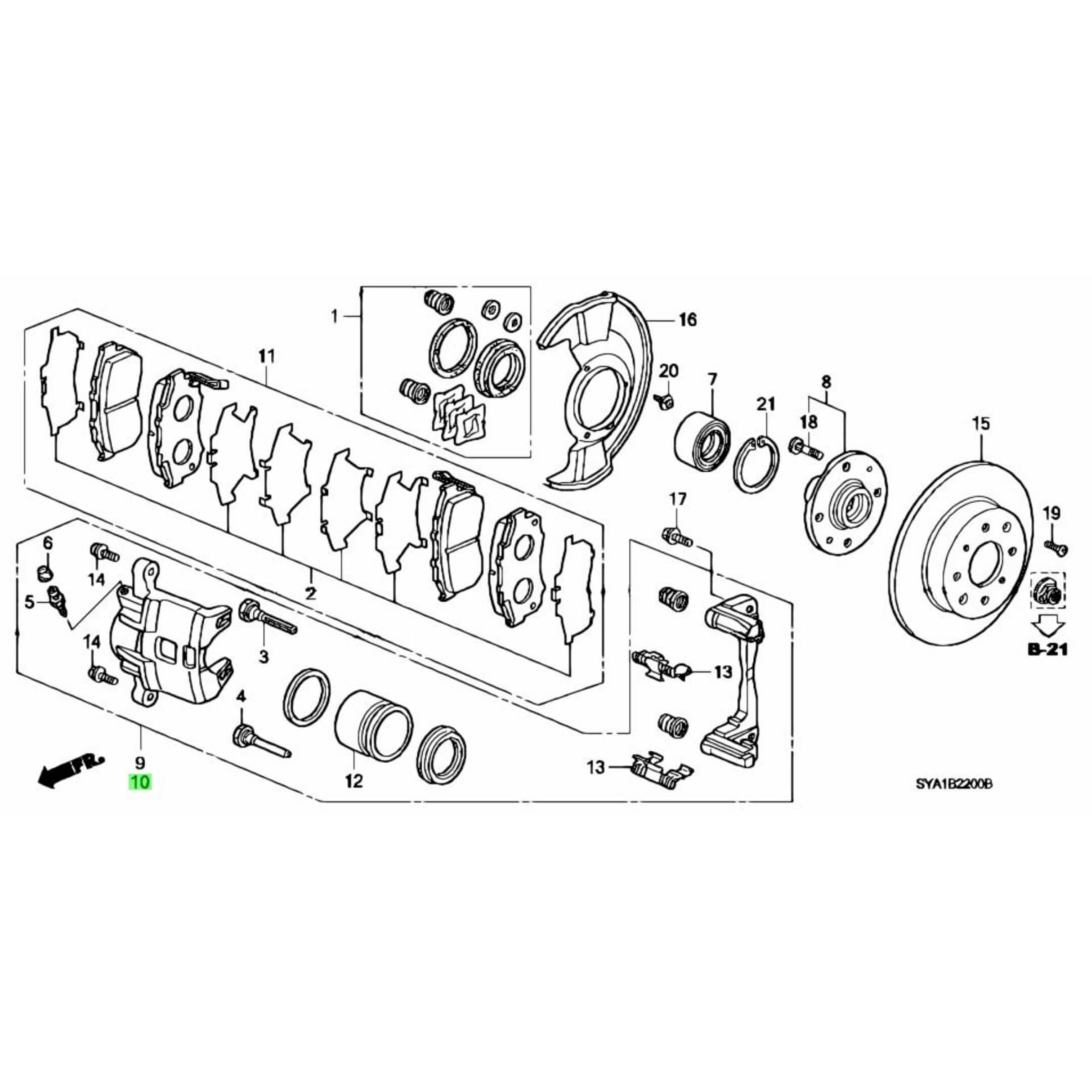 Exploded diagram of Honda Acty Truck HA6, HA7 (1999-2009) brake system, highlighting the passenger side brake caliper.