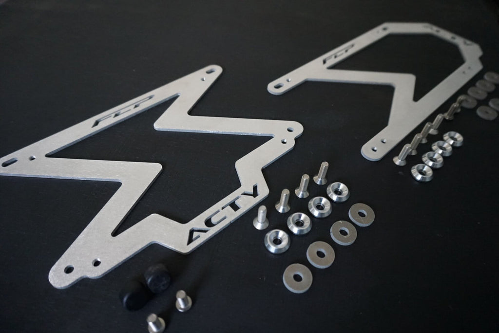 Custom-designed Honda Acty front & rear license plate adapter kit, complete with CNC-machined washers and stainless steel bolts, for HA1-HA4 models.